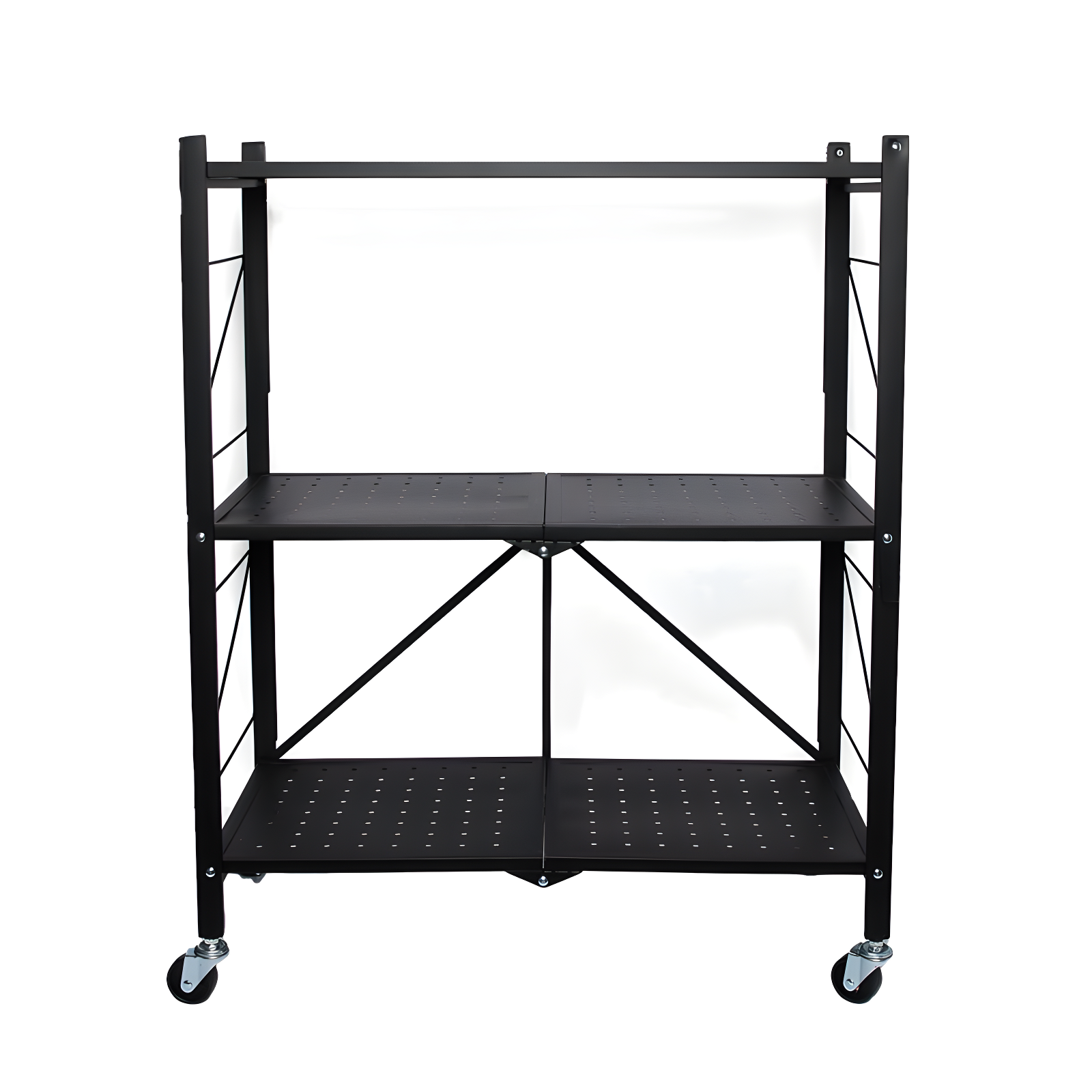 Black Metal 3-Tier Foldable Utility Rack with Wheels