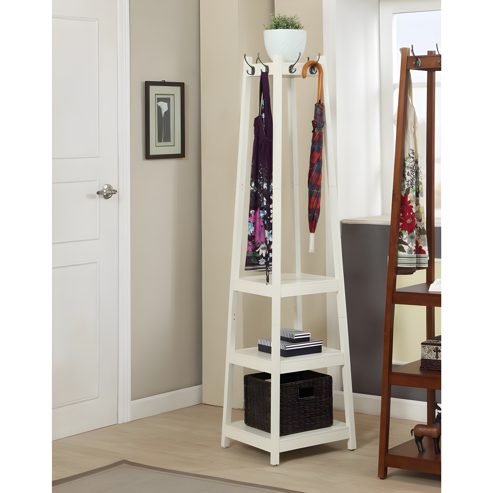 White Wood Coat Rack with 3-Tier Storage Shelves