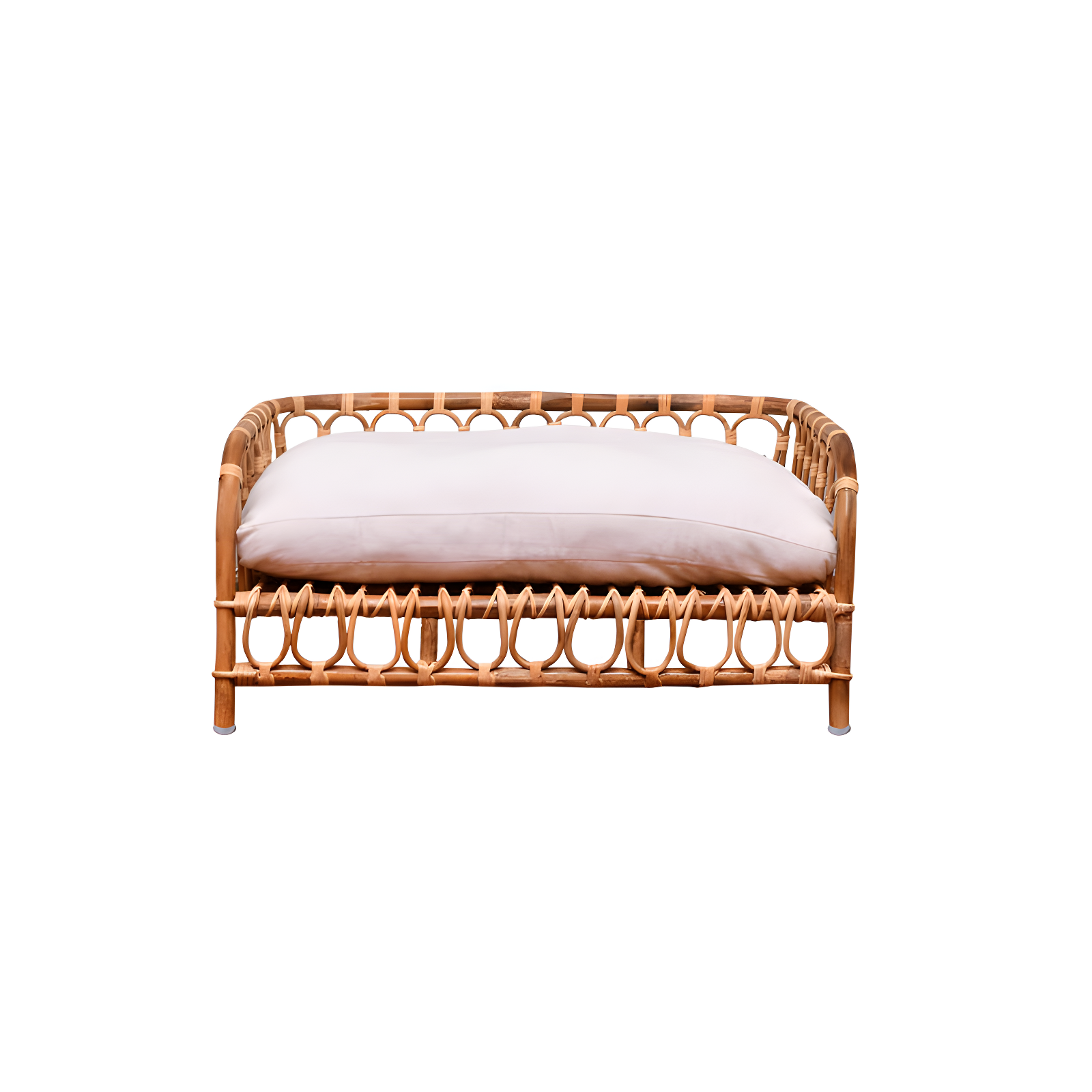 Natural Rattan Pet Bed with Off-White Cushion