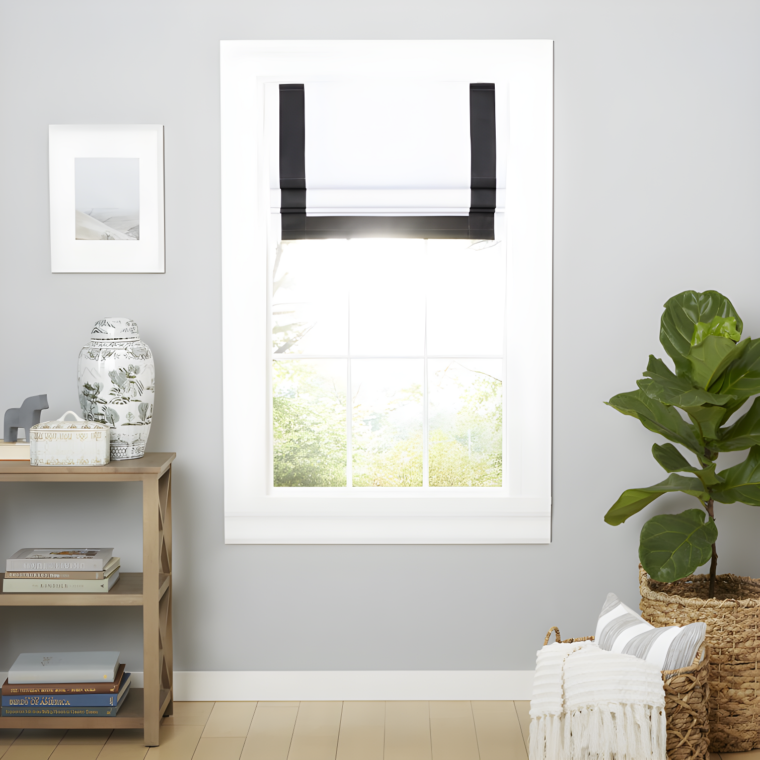 White and Black Cordless Blackout Roman Shade