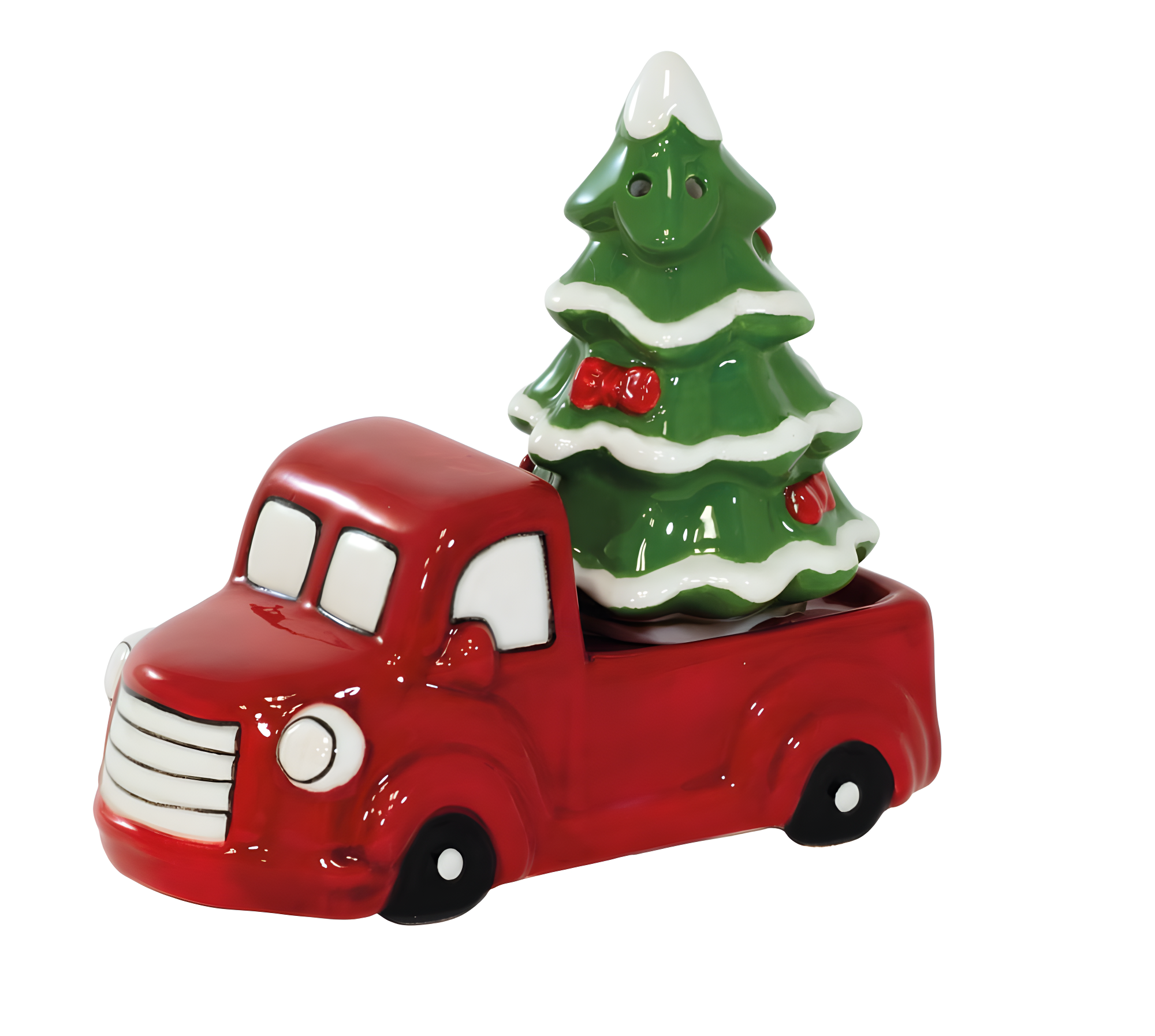 Festive Red Truck and Green Tree Ceramic Salt & Pepper Shaker Set