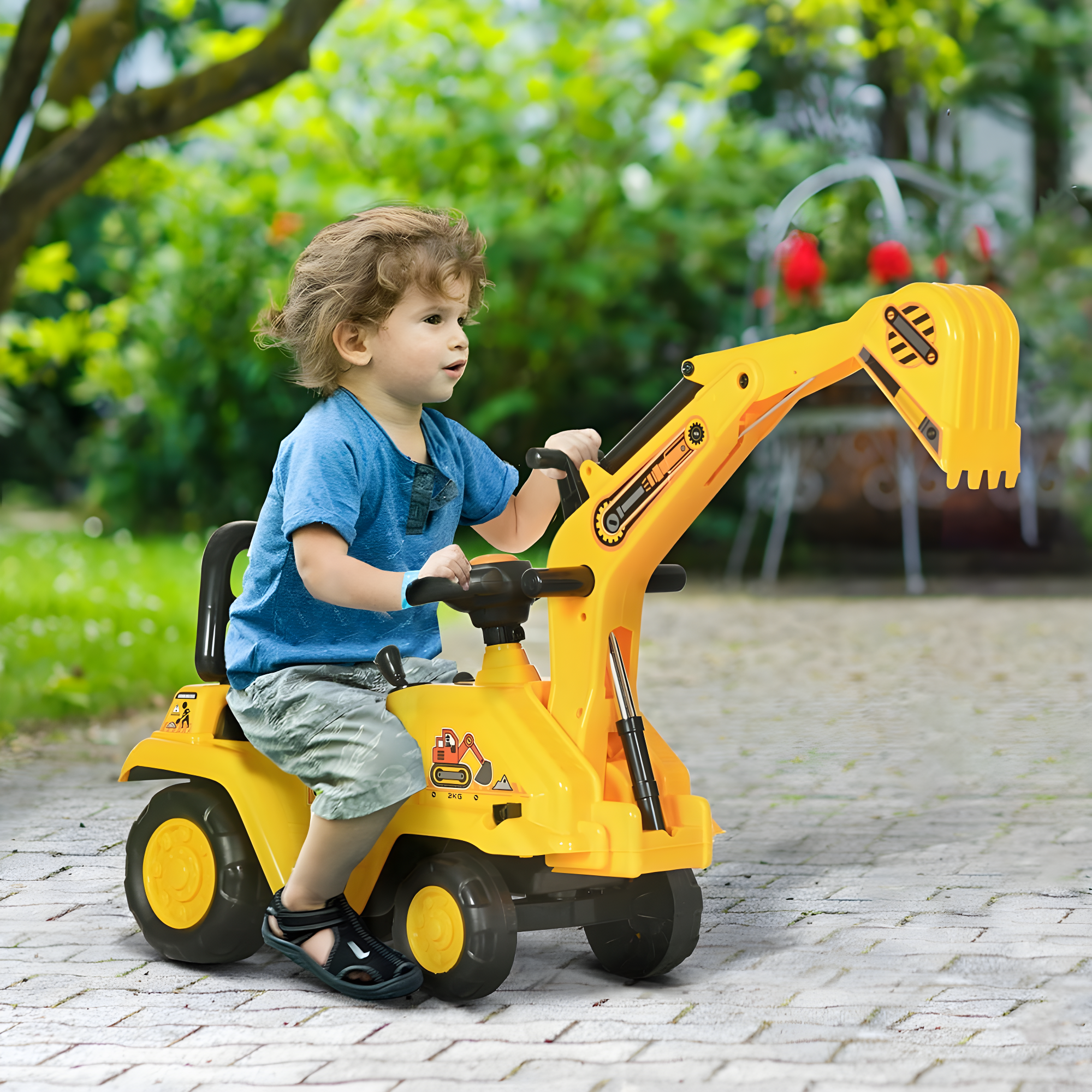 Yellow Kids Ride-On Excavator with Horn and Lights