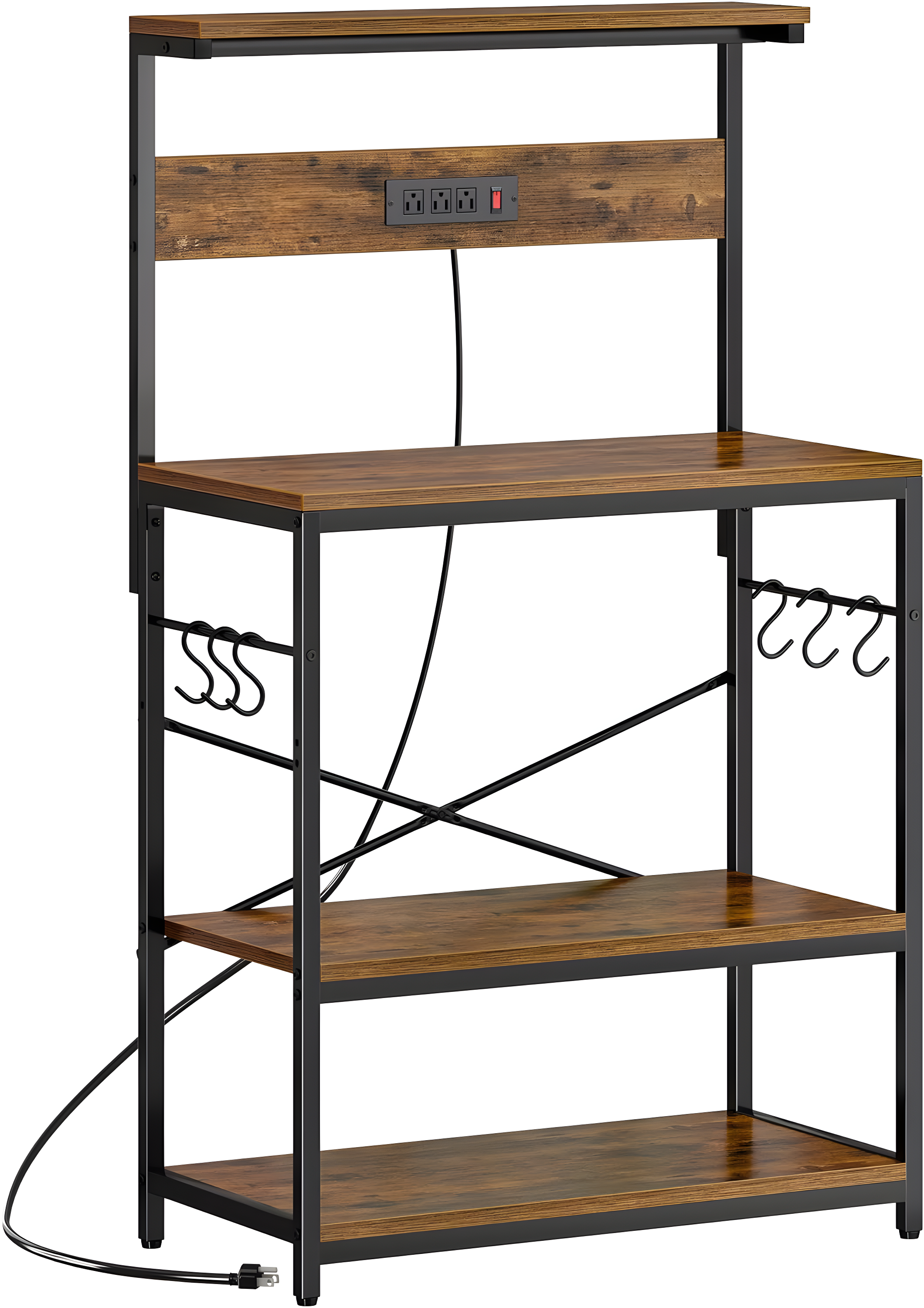 Rustic Brown Baker's Rack with Power Outlets and Hooks