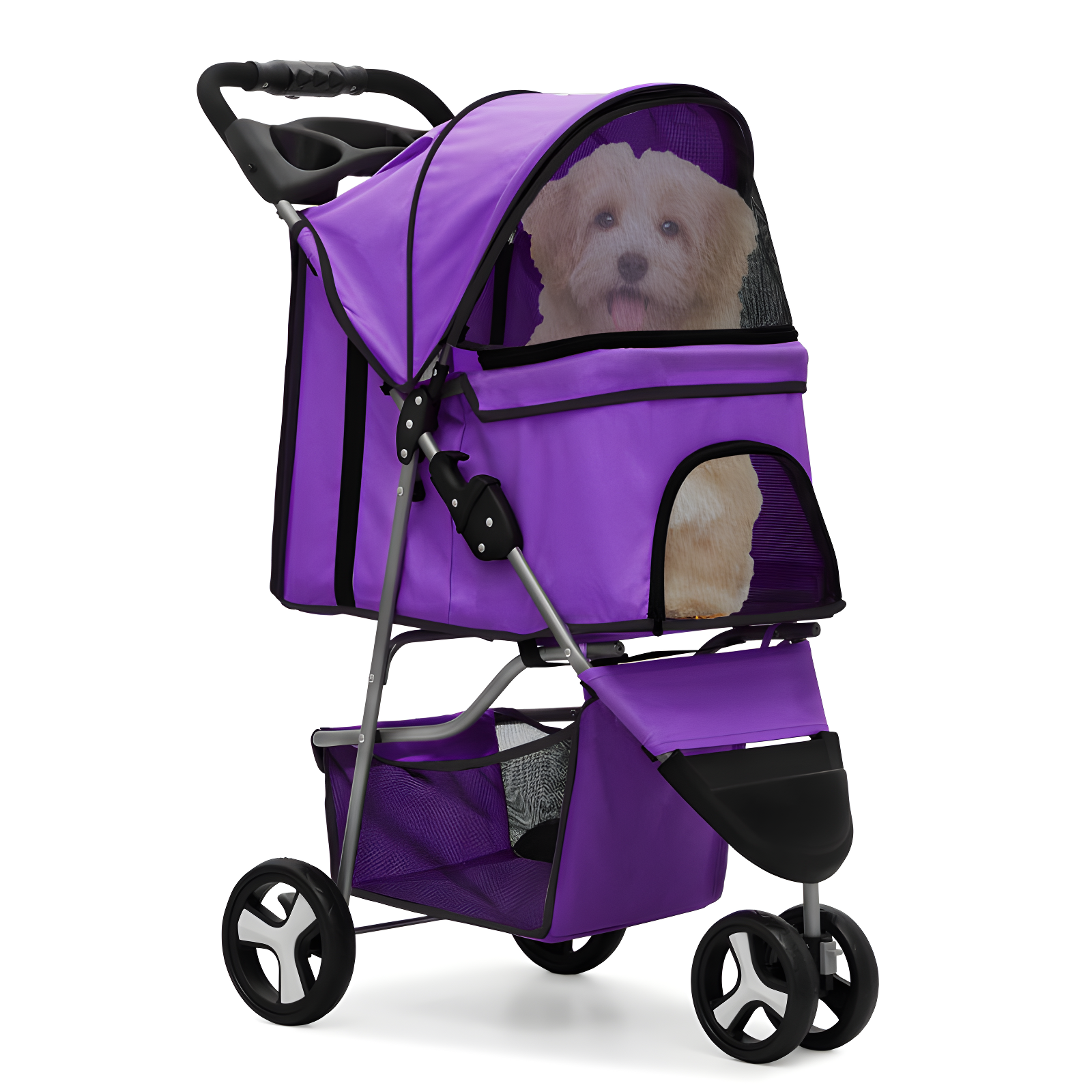 Purple 3-Wheel Foldable Pet Stroller with Storage Basket