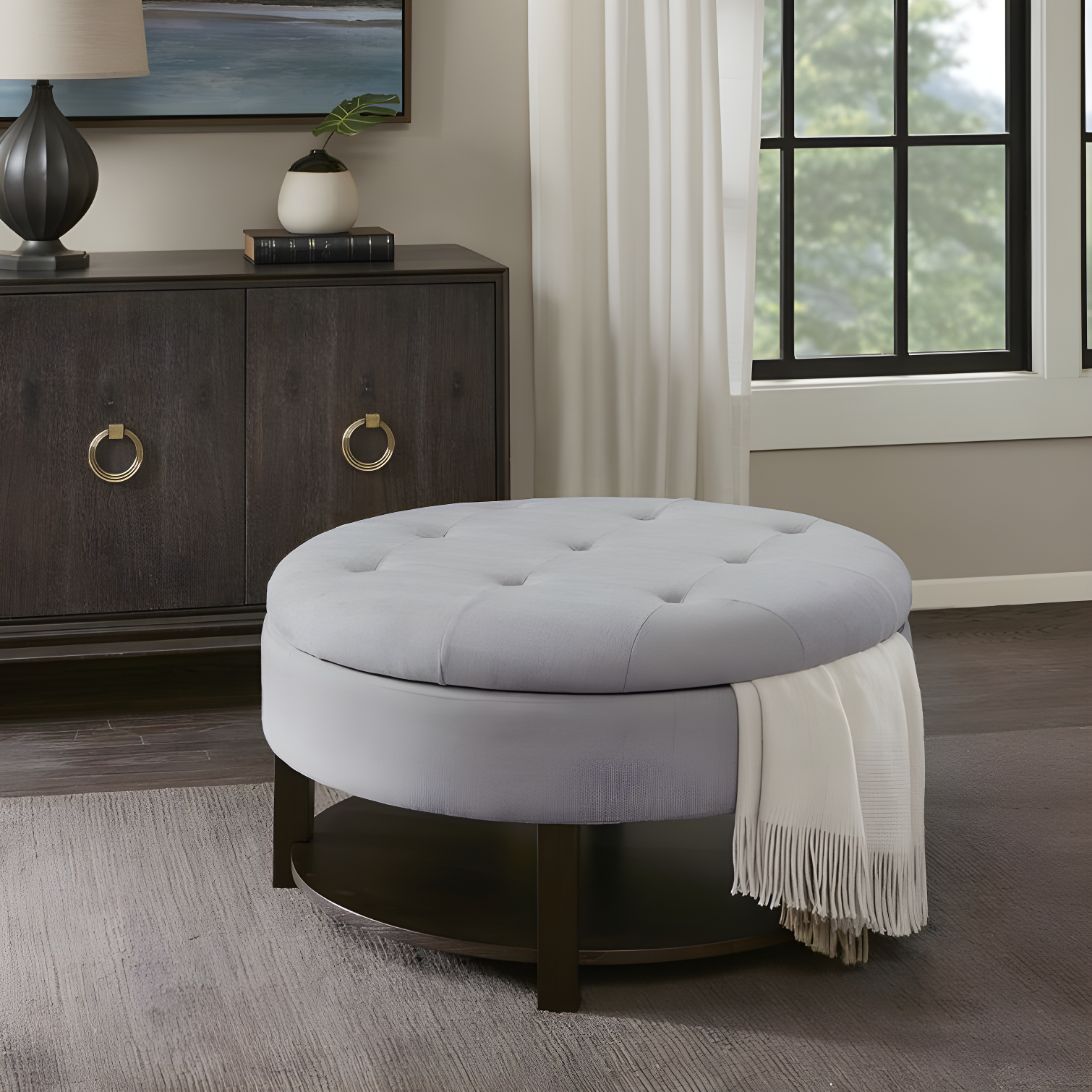 Light Gray Round Tufted Storage Ottoman with Shelf