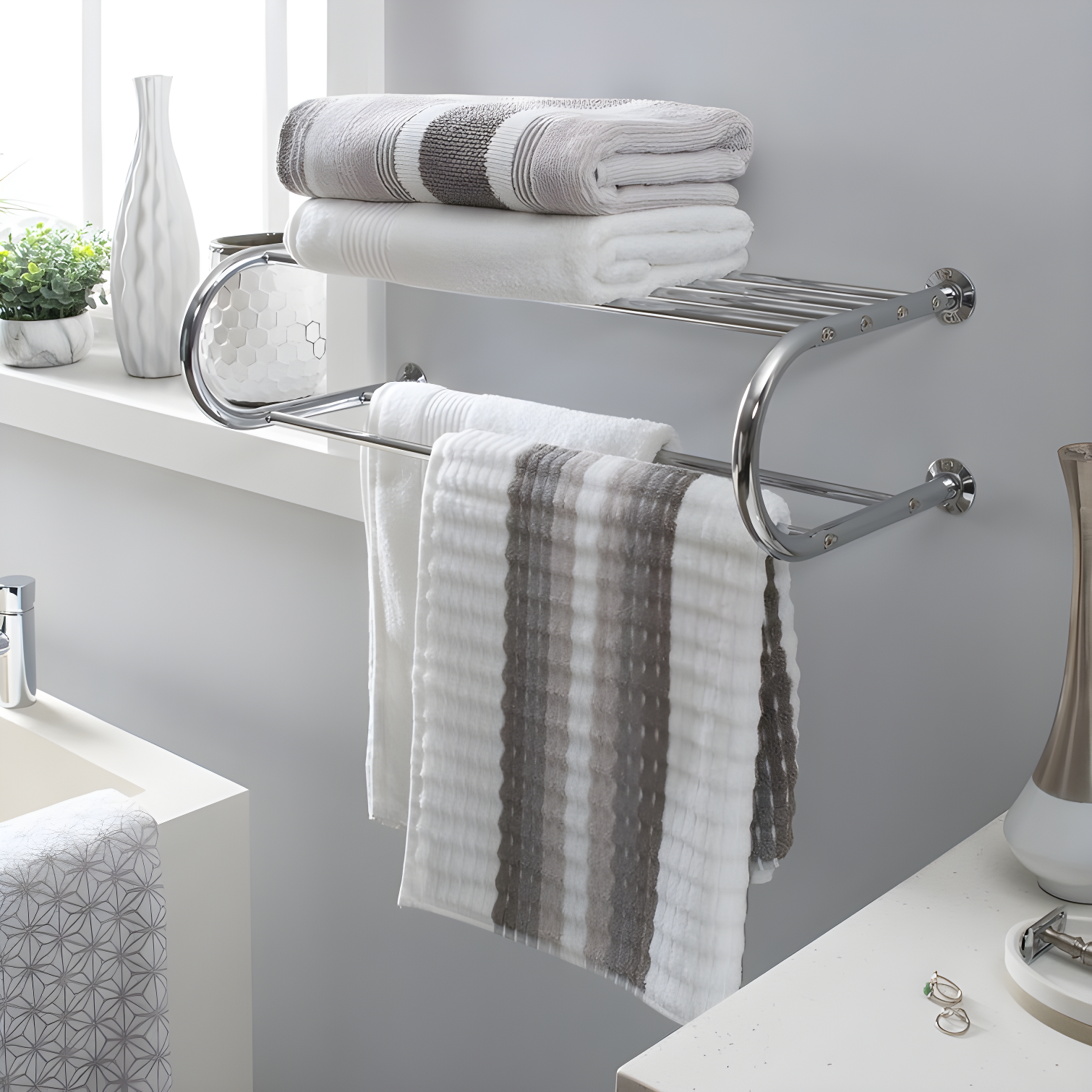 Chrome Wall Mounted Towel Rack with Shelf