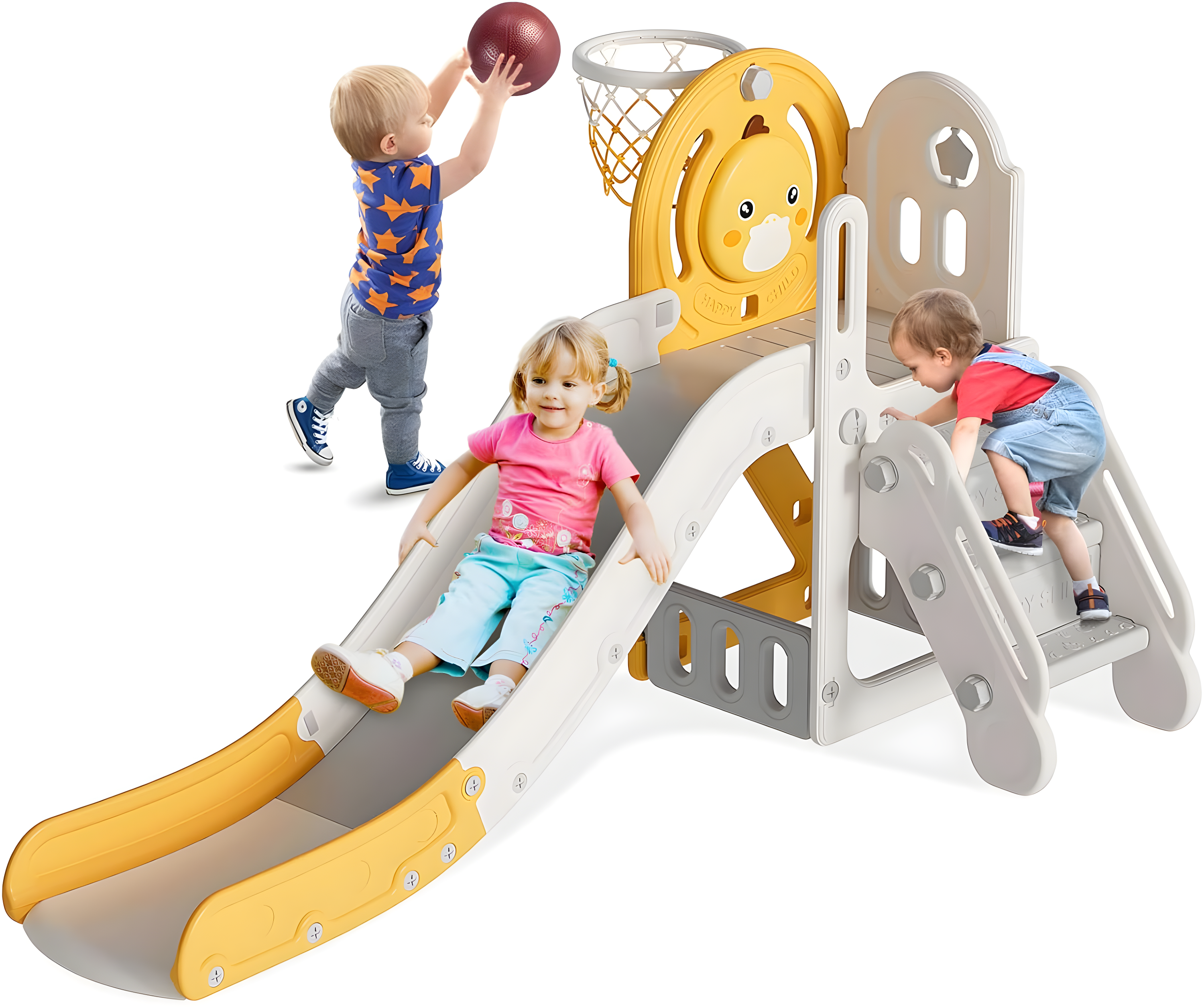 Yellow Duck Theme 5-in-1 Toddler Slide with Basketball Hoop