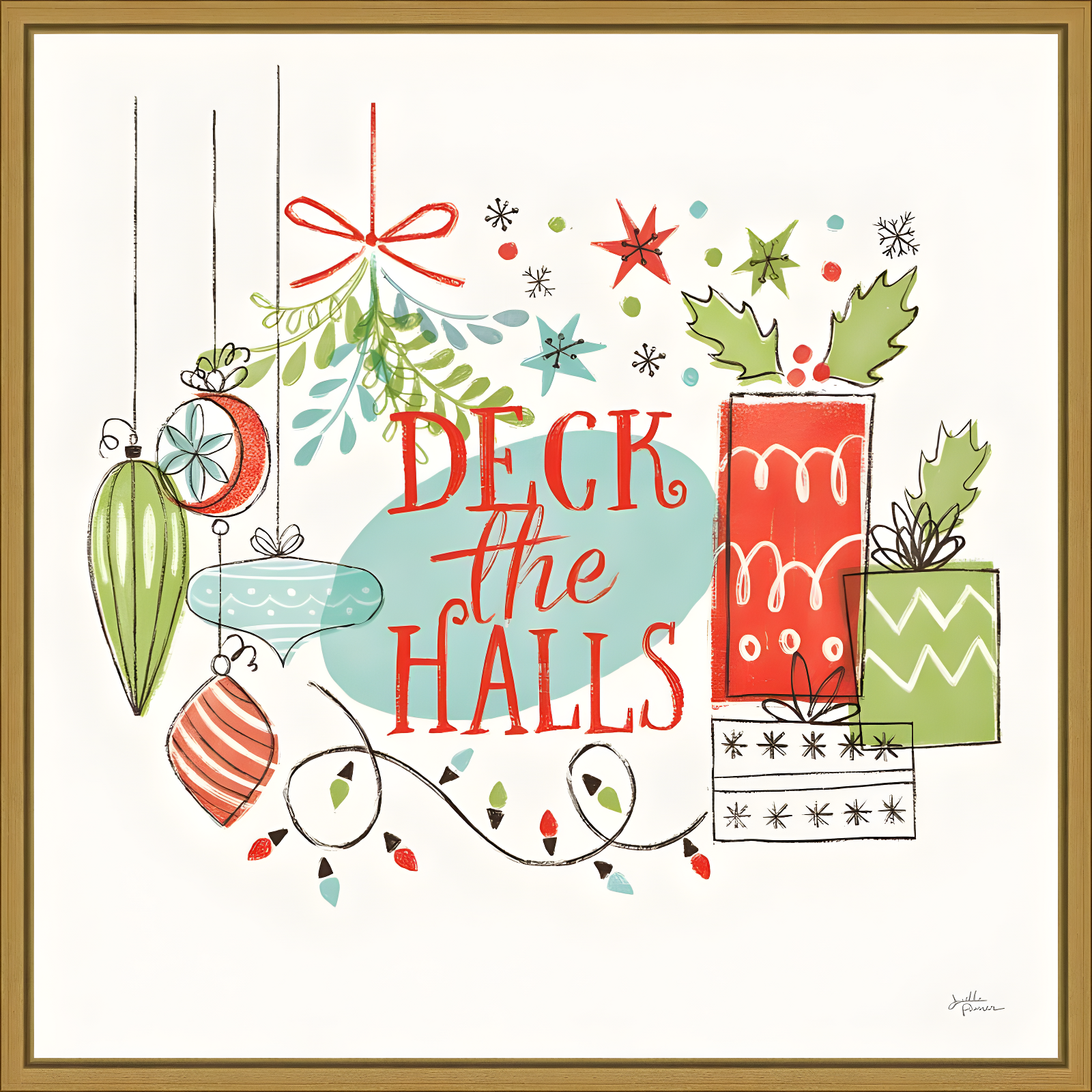 Deck the Halls Christmas Holly Canvas Print with Gold Frame