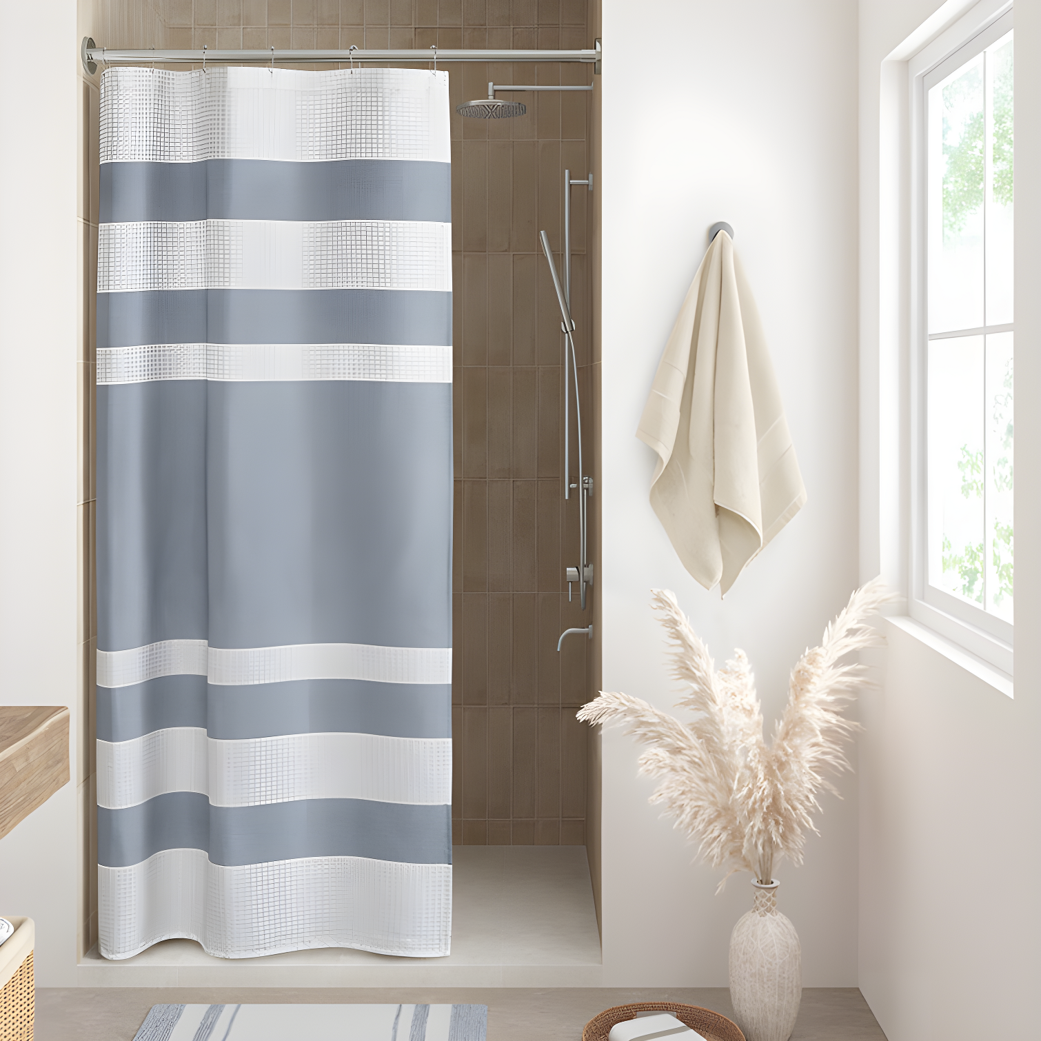 Blue and White Striped Fabric Shower Curtain