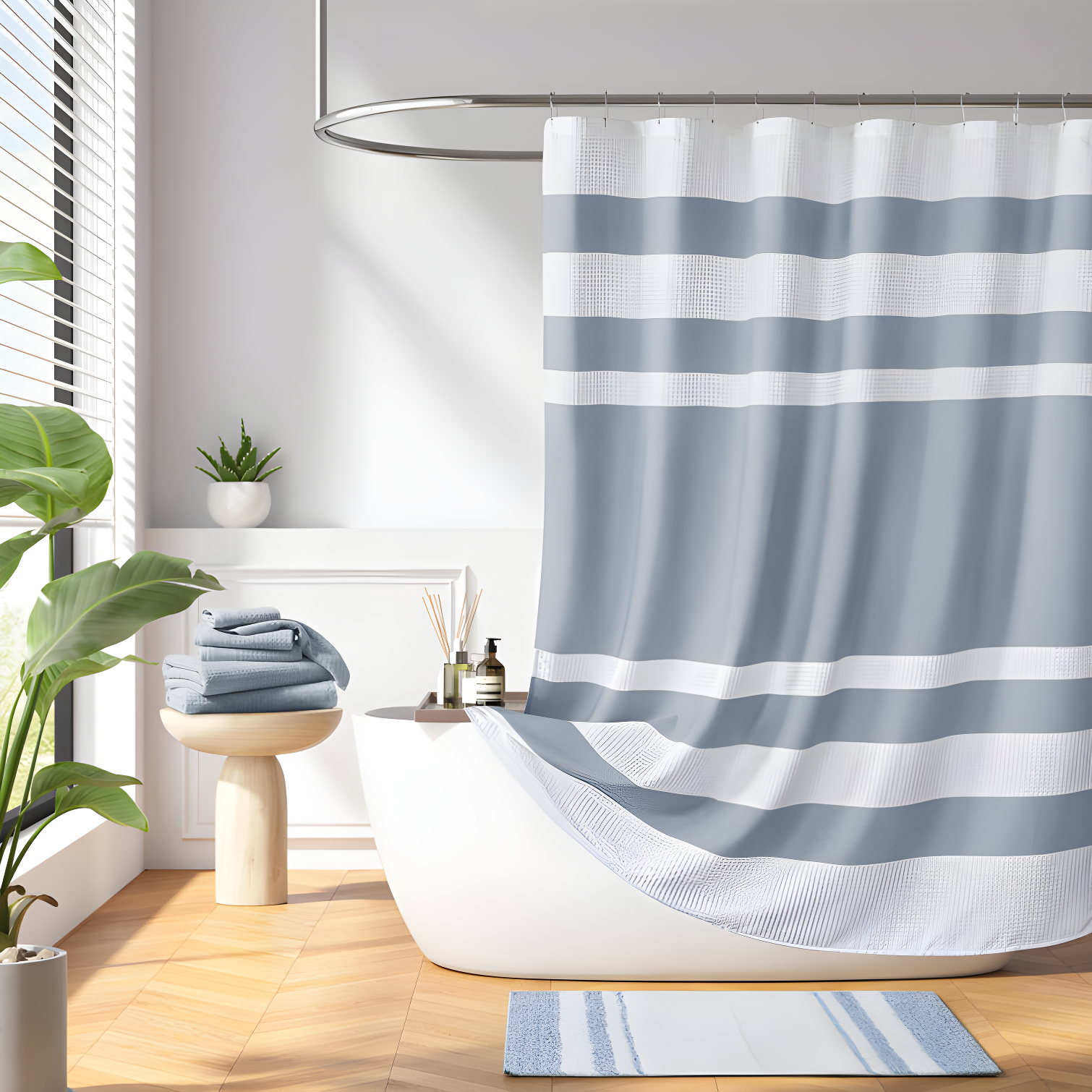 Blue and White Striped Fabric Shower Curtain