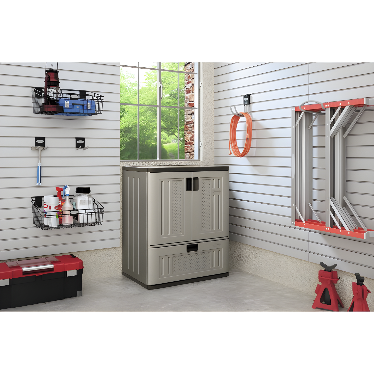 Silver Resin Freestanding Lockable Storage Cabinet with Adjustable Shelving