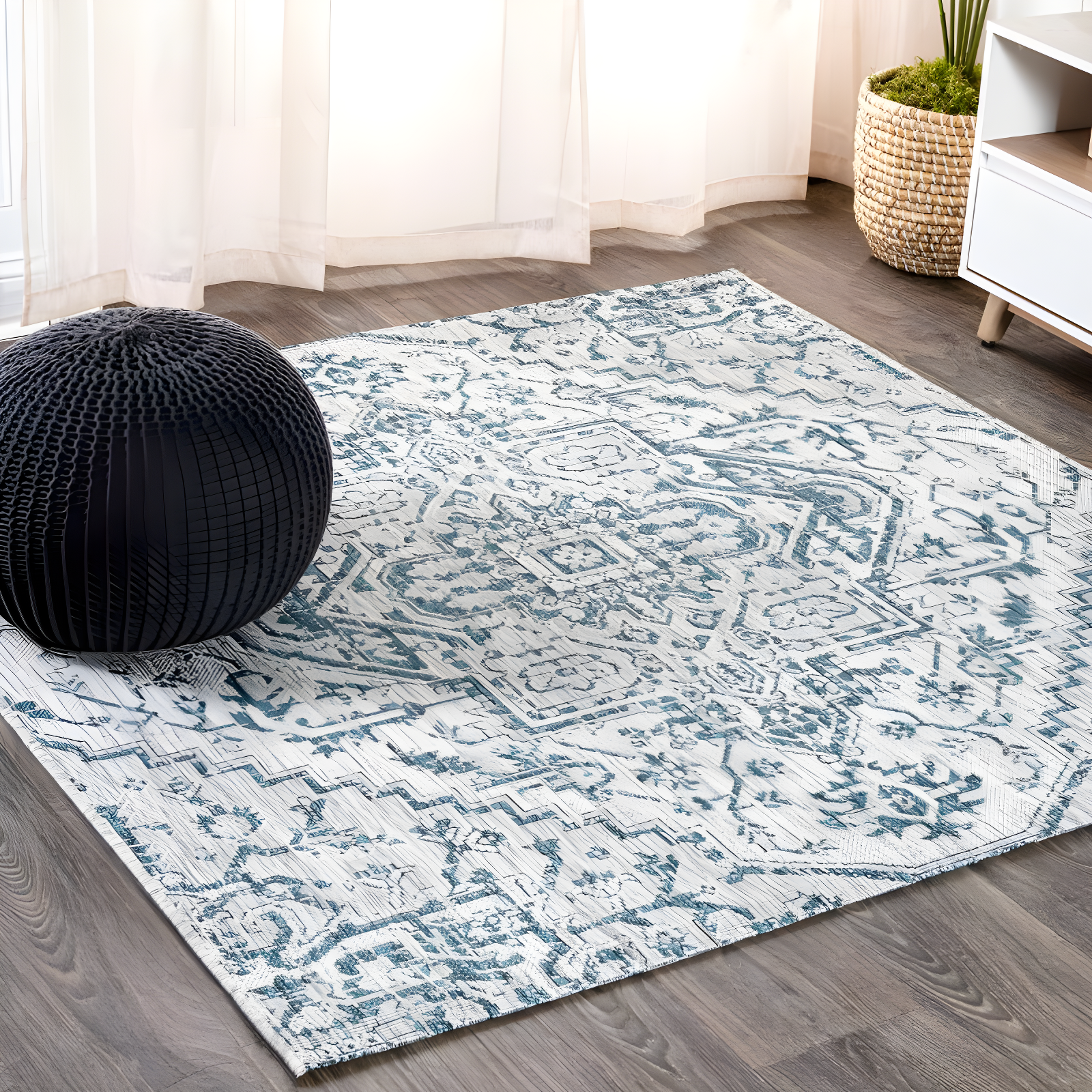 Estrella Bohemian Gray Teal Medallion 5' Square Synthetic Area Rug