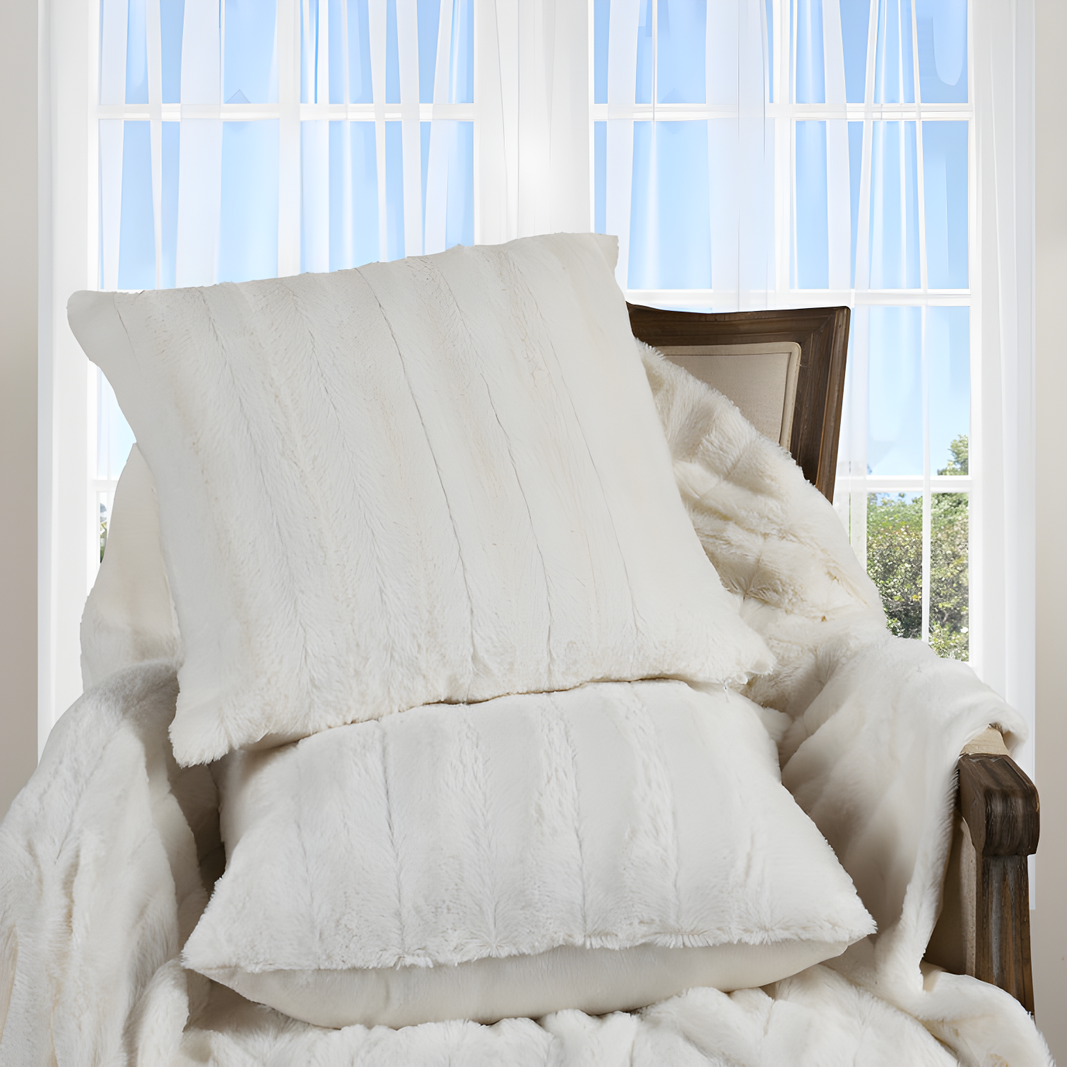 White Faux Fur Square Decorative Pillow Set