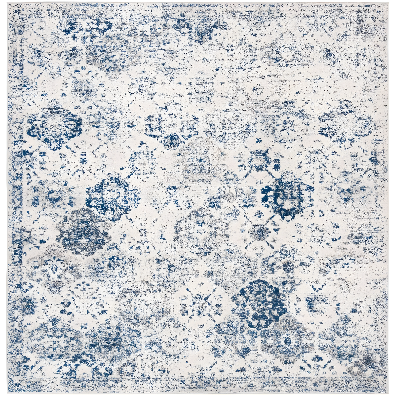 Boho Chic Royal Blue and White Square Area Rug, Hand-Knotted Cotton Blend