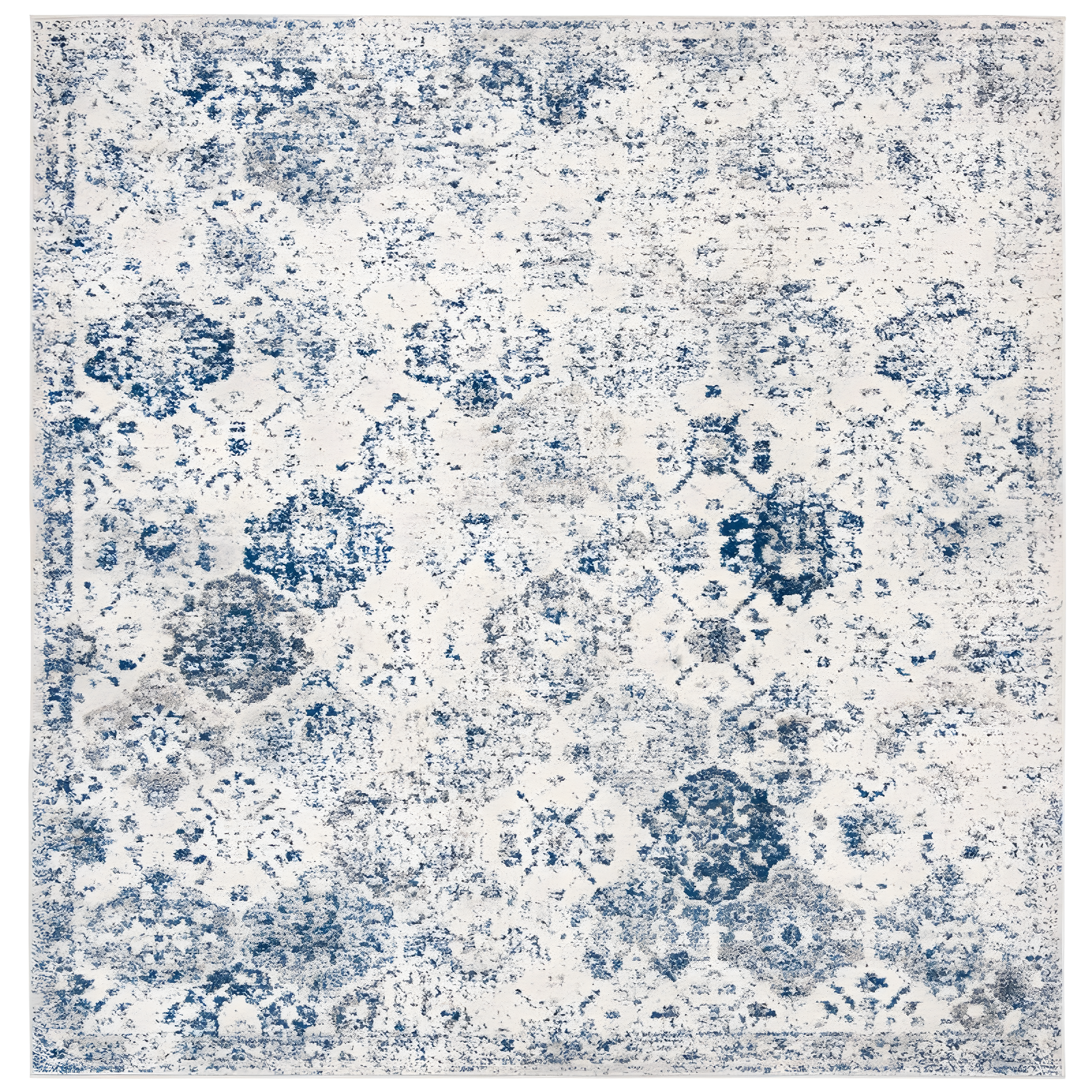 Boho Chic Royal Blue and White Square Area Rug, Hand-Knotted Cotton Blend