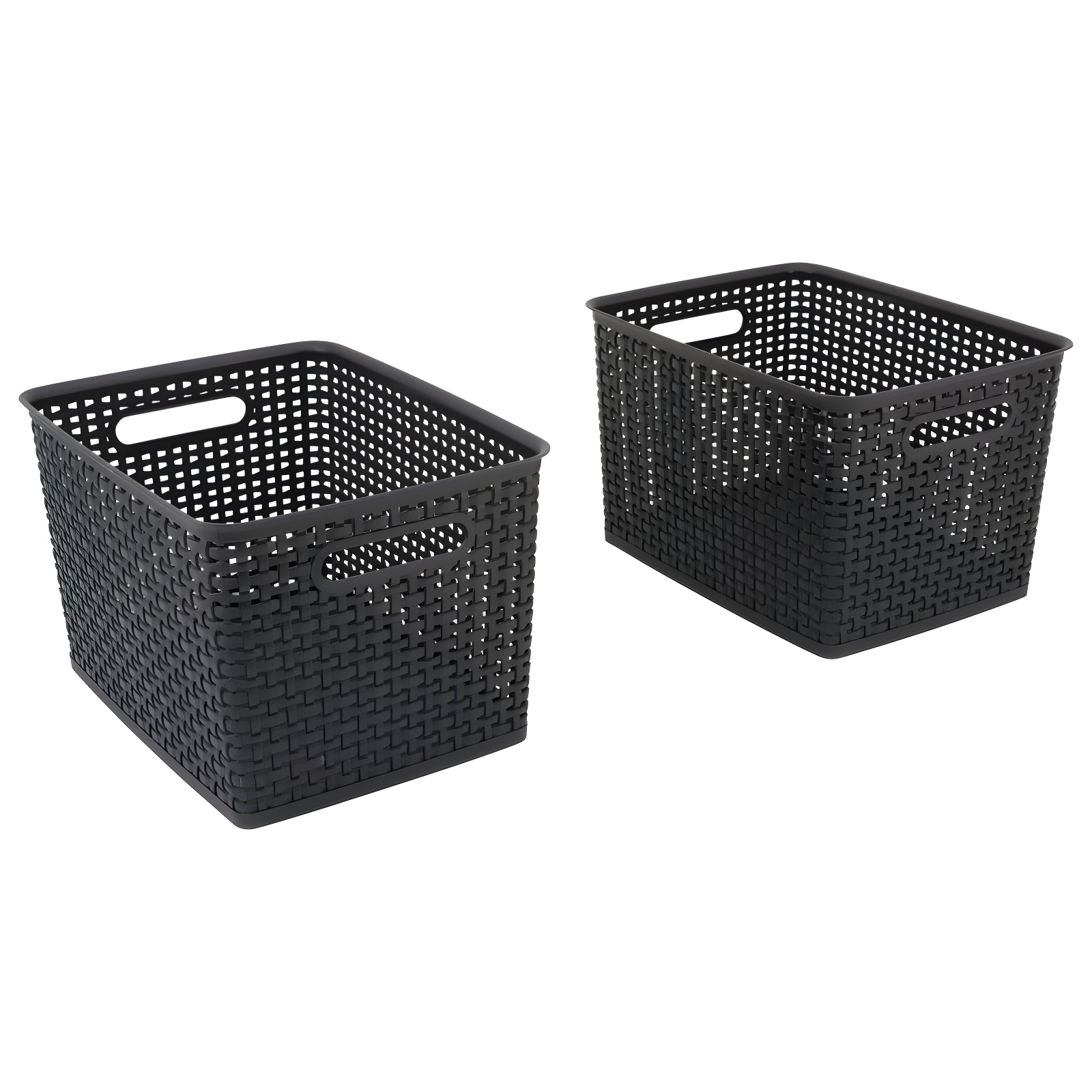 Large Black Plastic Stackable Weave Storage Bins, Set of 2