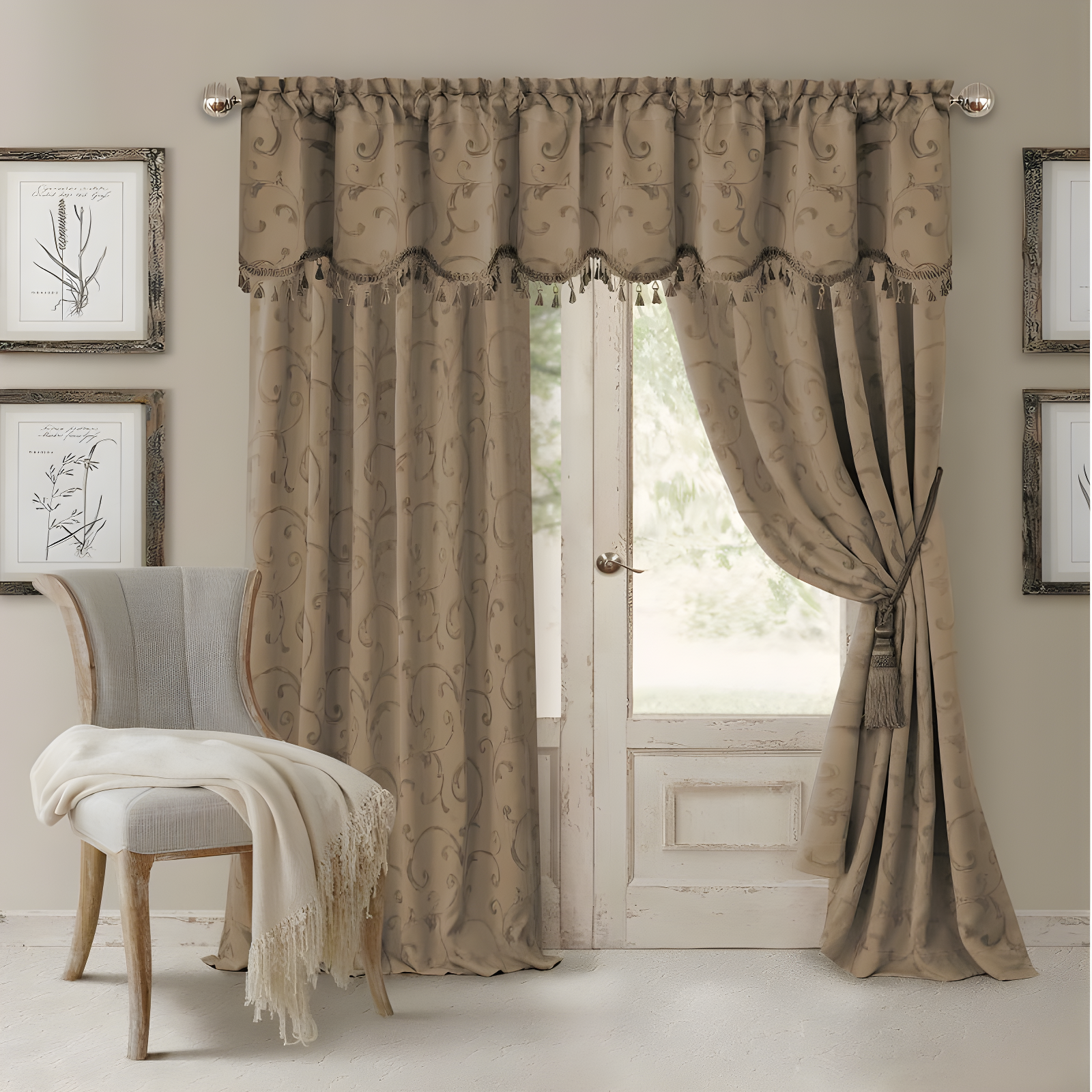 Taupe Jacquard Scroll Blackout Curtain Panel with Tassels