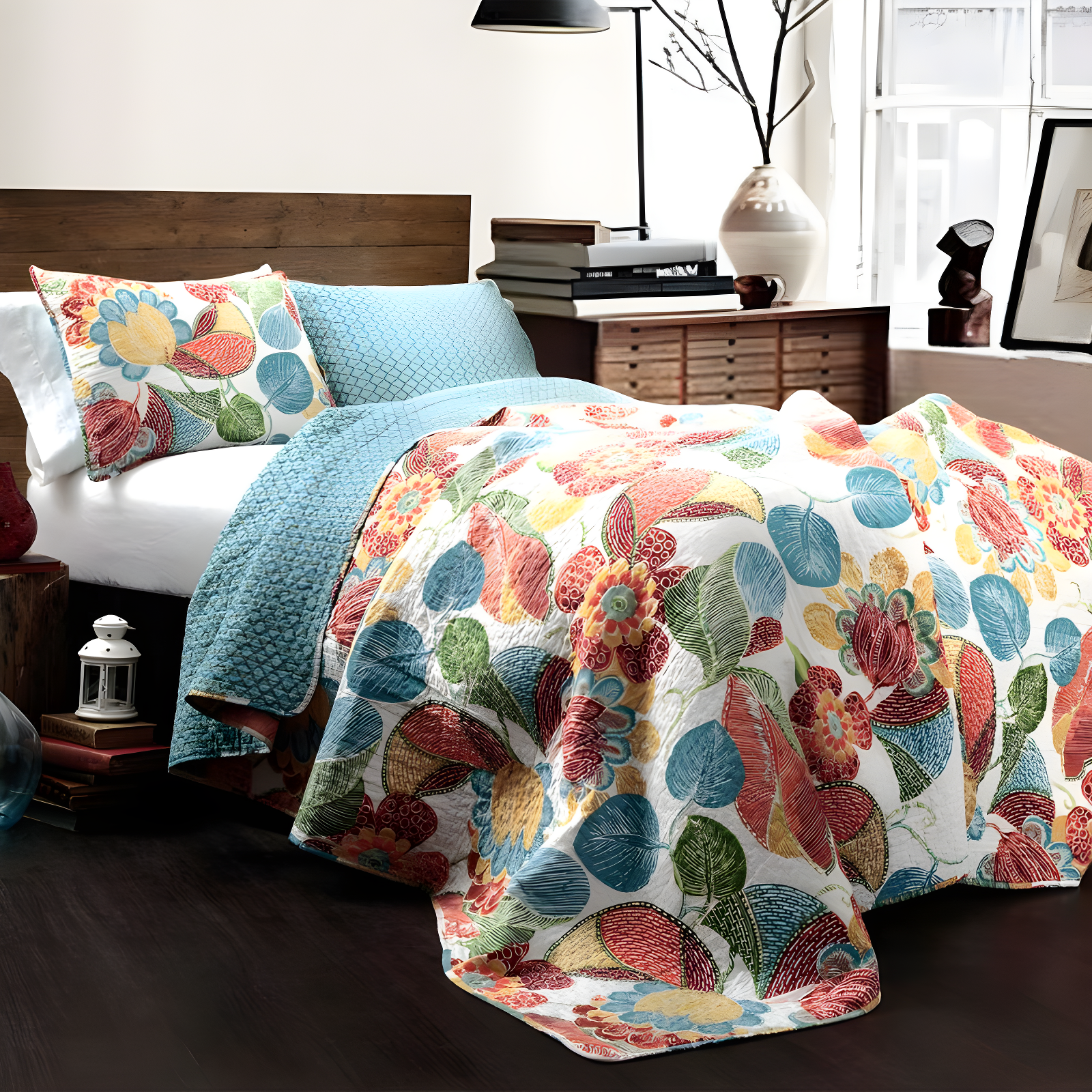 King Blue Floral Cotton Reversible Quilt Set