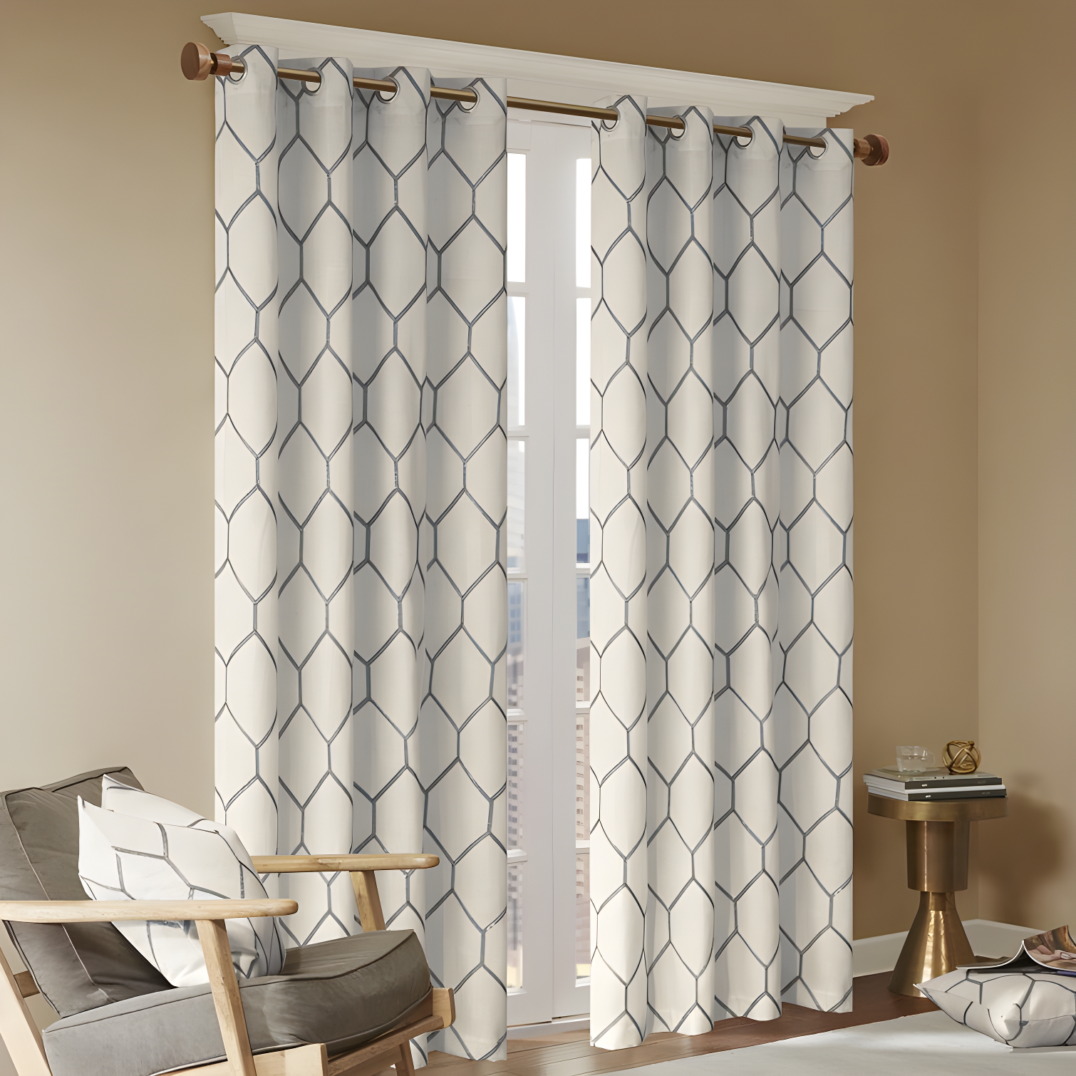 Gray Geometric Embroidered Light-Filtering Curtain Panel