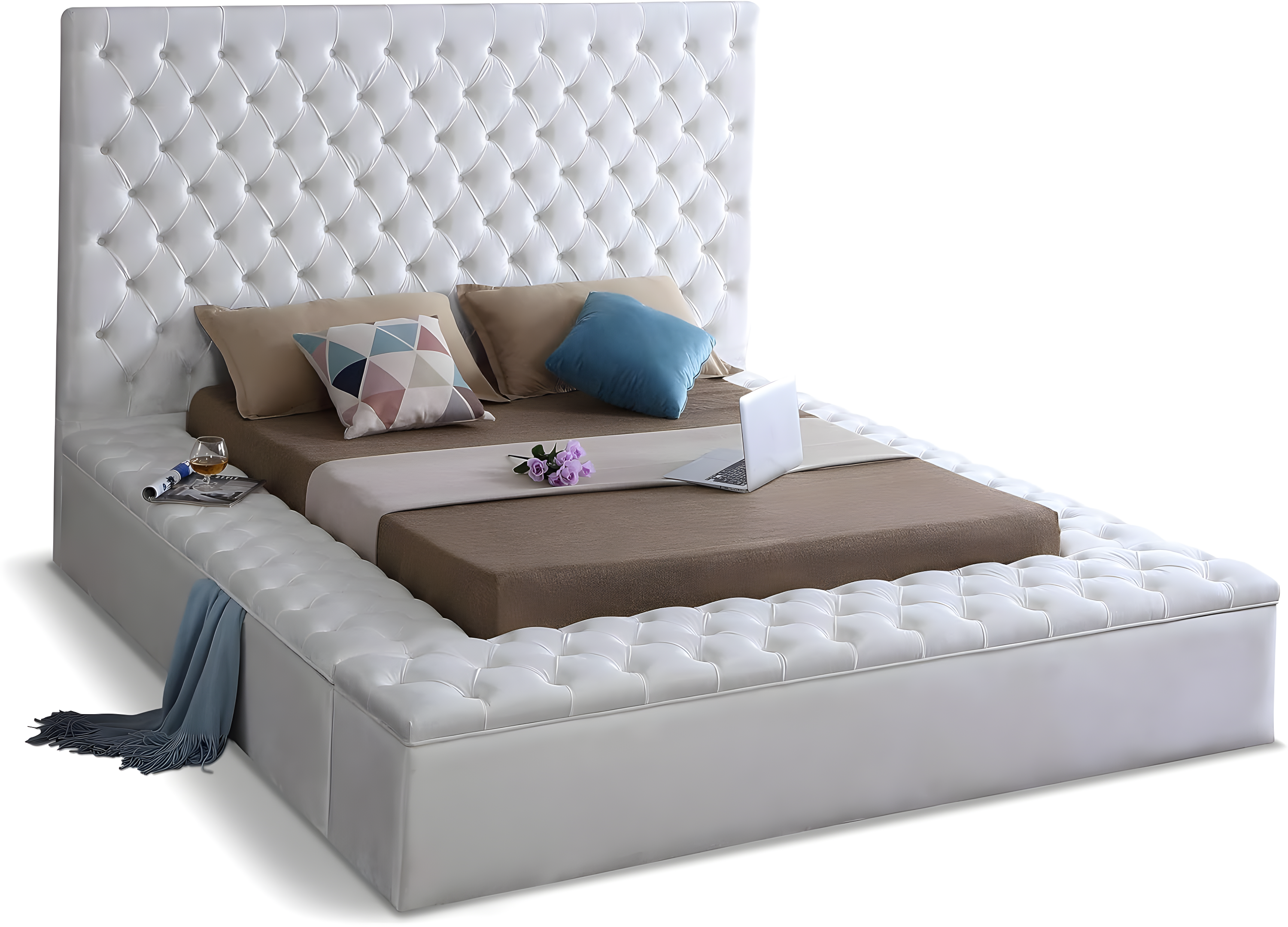 Bliss White Velvet Queen Upholstered Storage Bed with Tufted Headboard