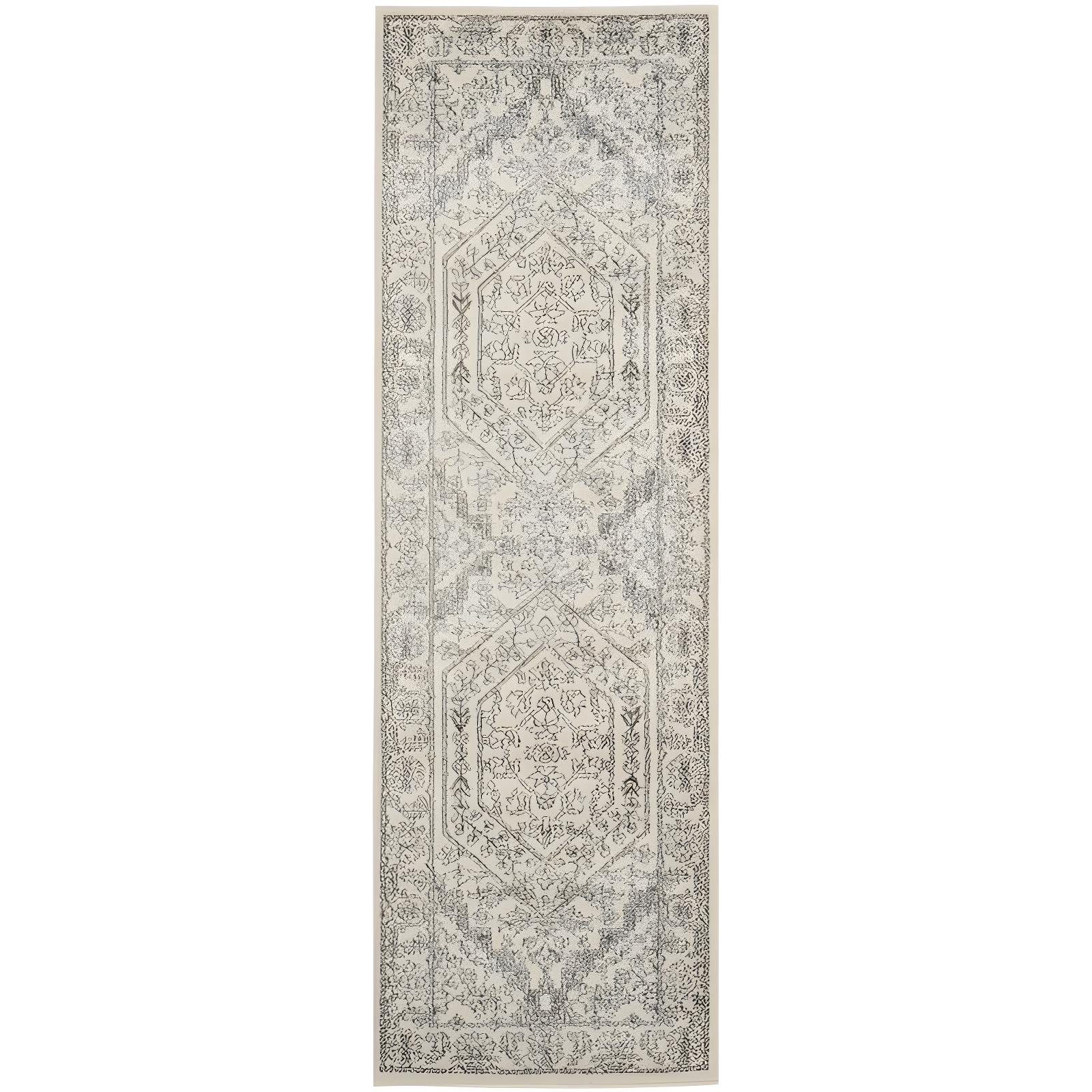 Ivory and Silver Medallion Synthetic Runner Rug