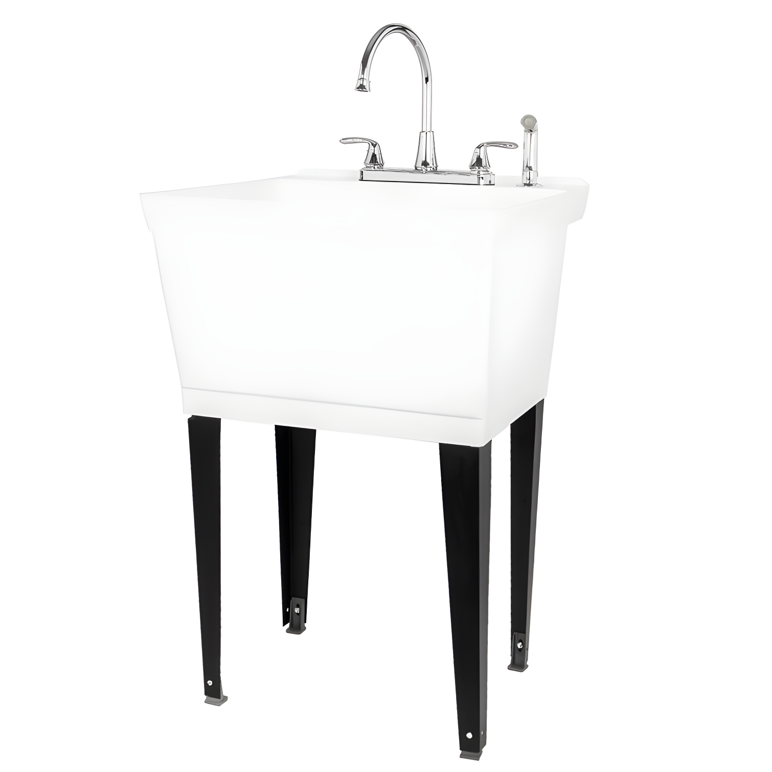 White Freestanding Utility Sink with Chrome Faucet and Side Sprayer