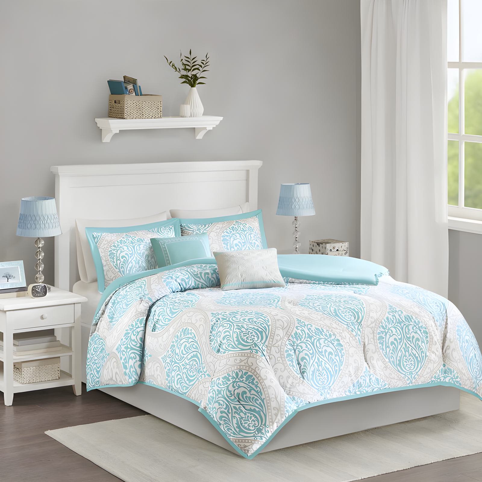 Aqua Blue Twin Microfiber Damask 5-Piece Bedspread Set
