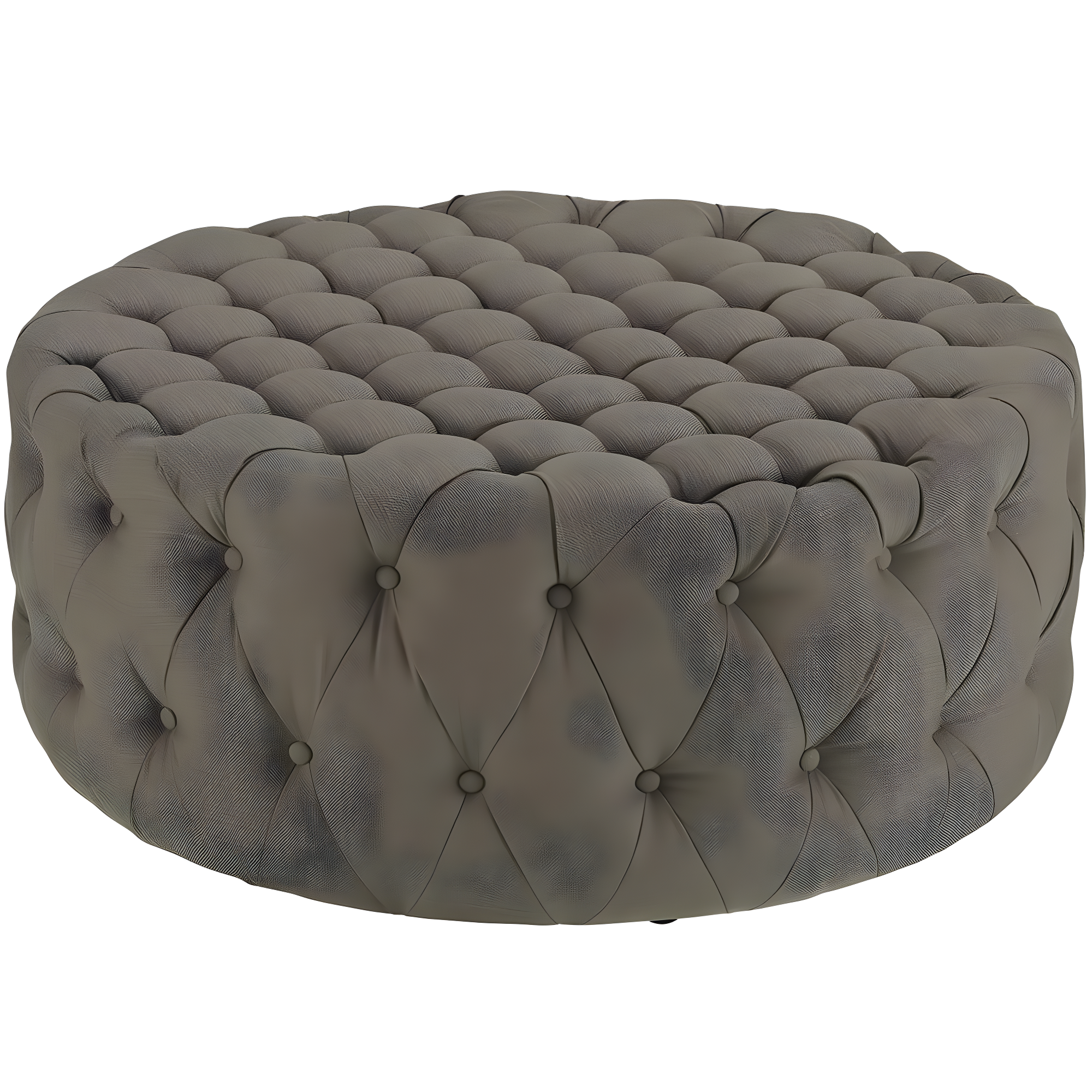 Granite Gray Tufted Round Upholstered Ottoman with Solid Wood Frame