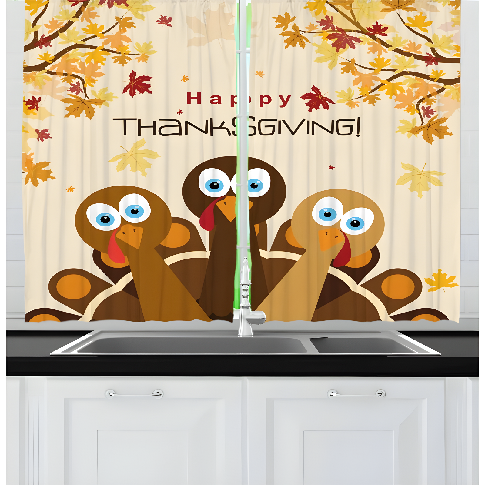 Happy Thanksgiving Turkey Polyester Kitchen Curtain Set