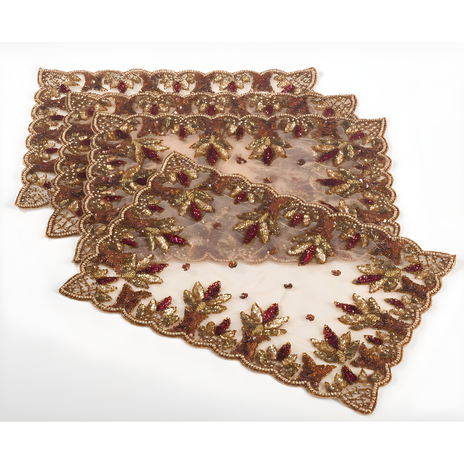 Burgundy and Gold Hand Beaded Fabric Rectangle Placemats, Set of 4