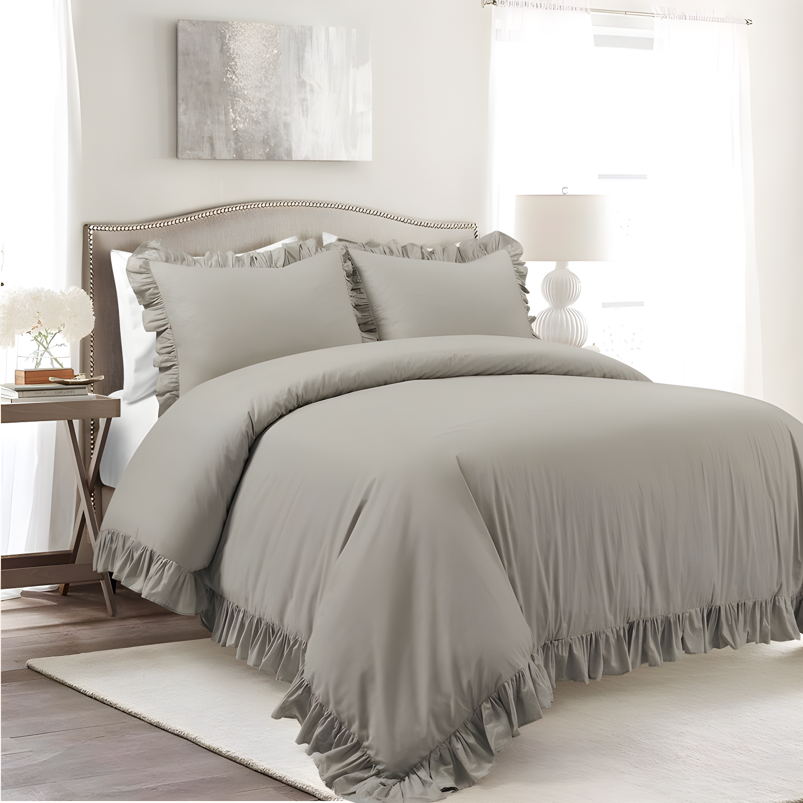 Gray Full/Queen Cotton Ruffled Duvet Cover Set