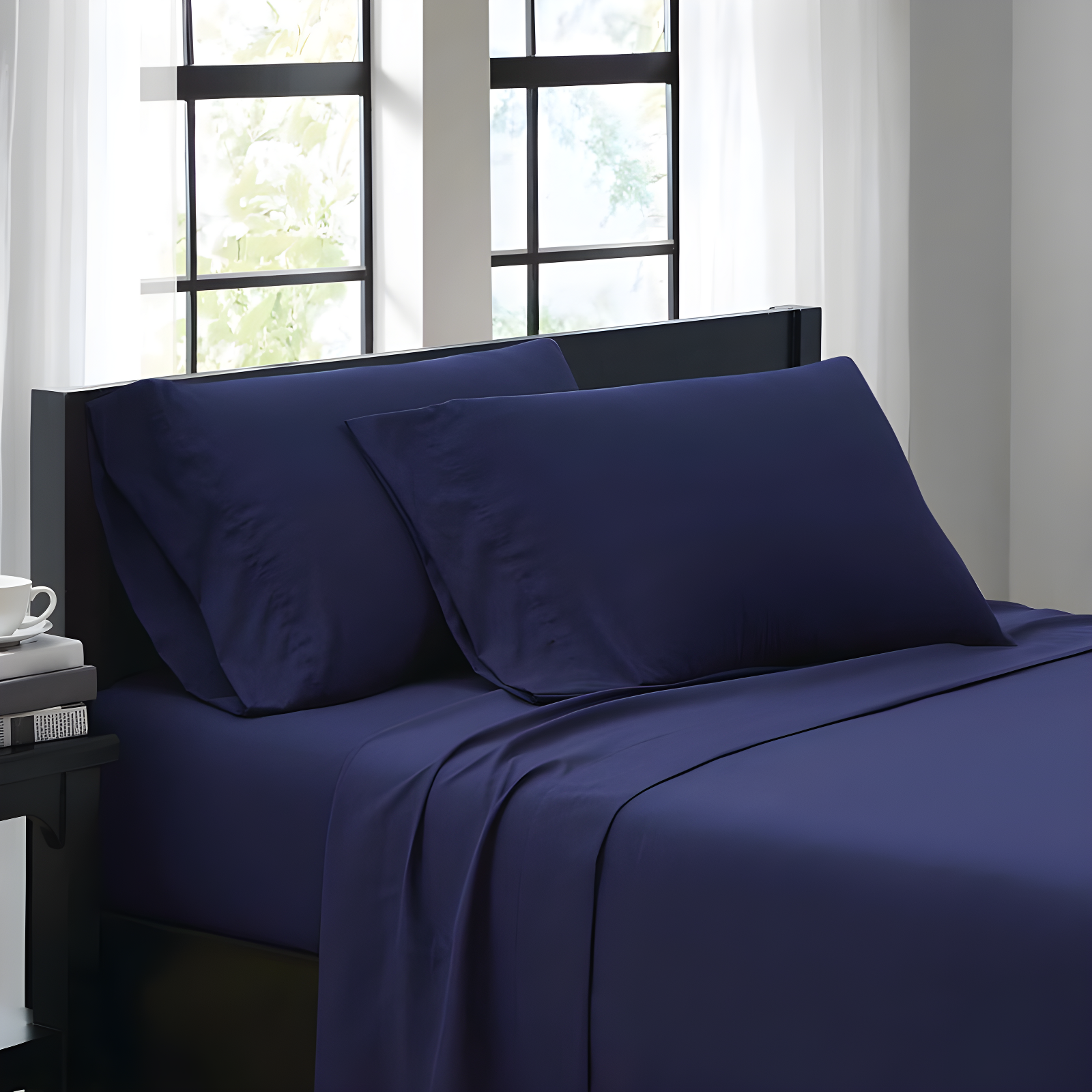 Navy Queen Solid Microfiber Polyester 4-Piece Sheet Set