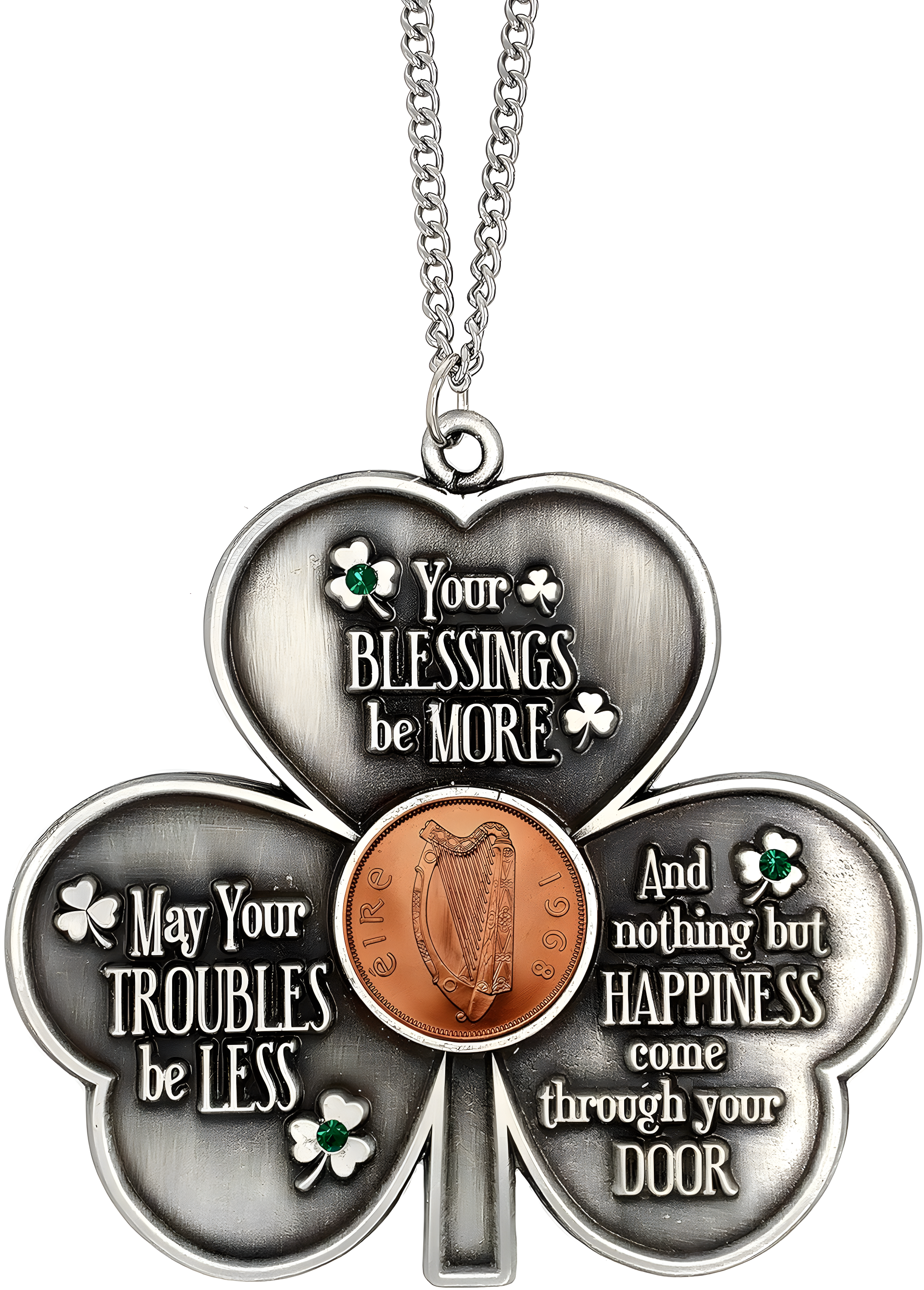 Pewter Shamrock Ornament with Irish Penny and Blessing