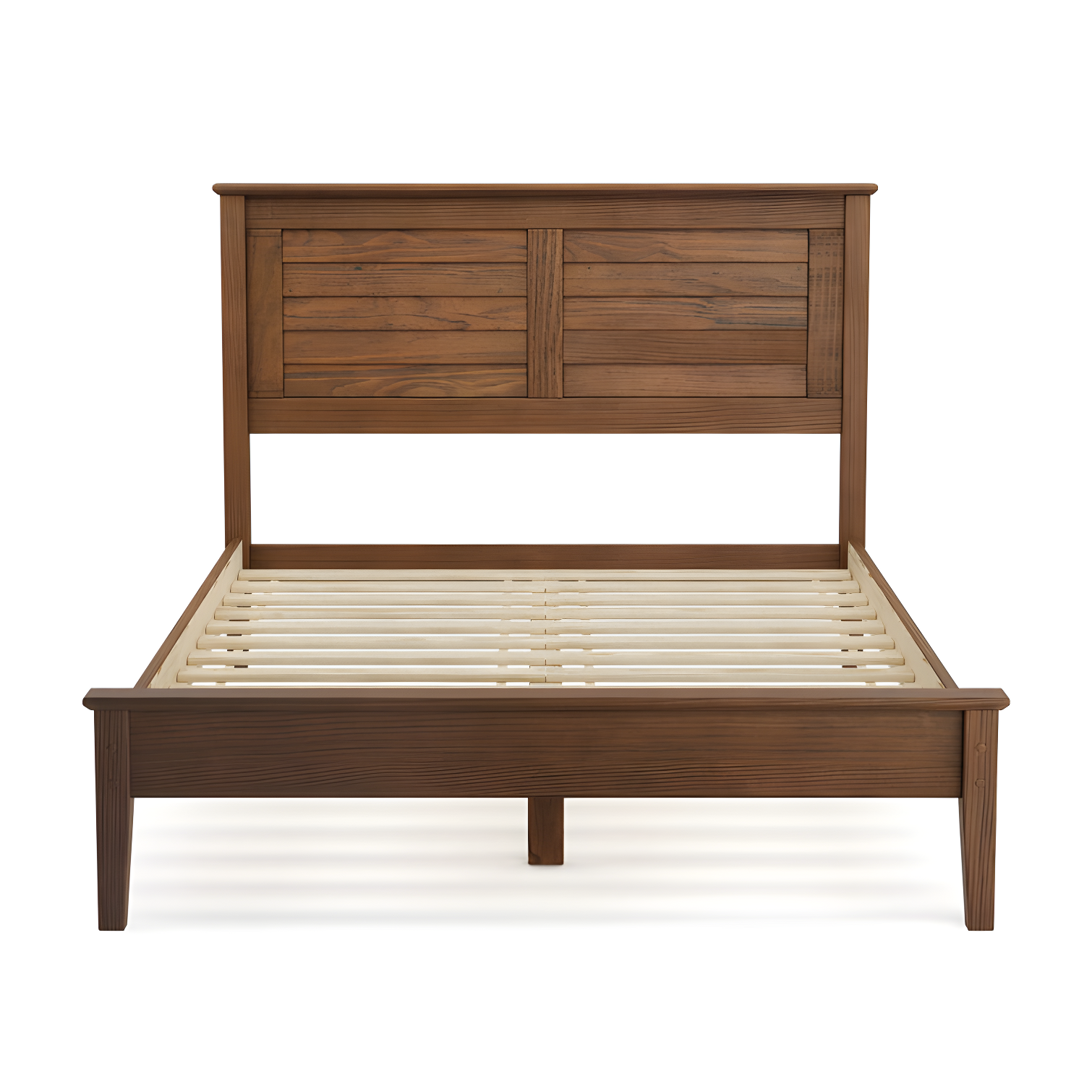 Brushed Walnut Full Size Pine Wood Platform Bed with Louvered Headboard