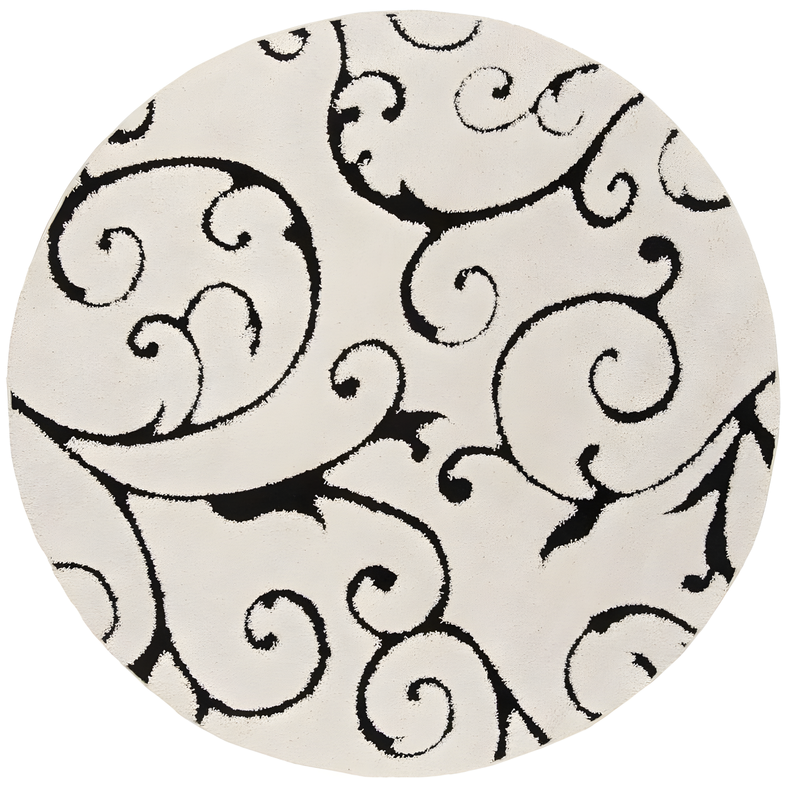 Ivory and Black Round Floral Shag Area Rug