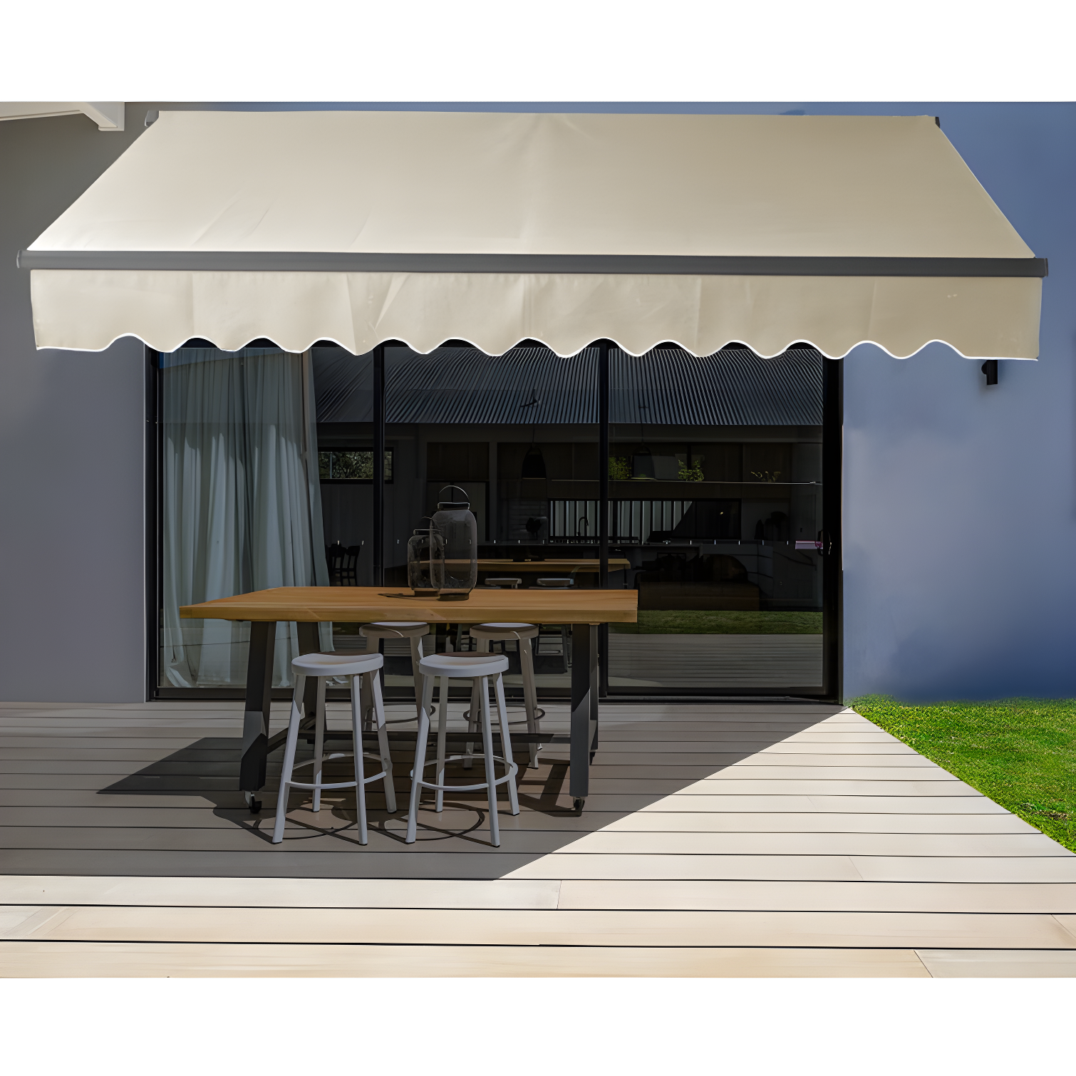 Ivory Motorized Retractable Patio Awning with Black Frame