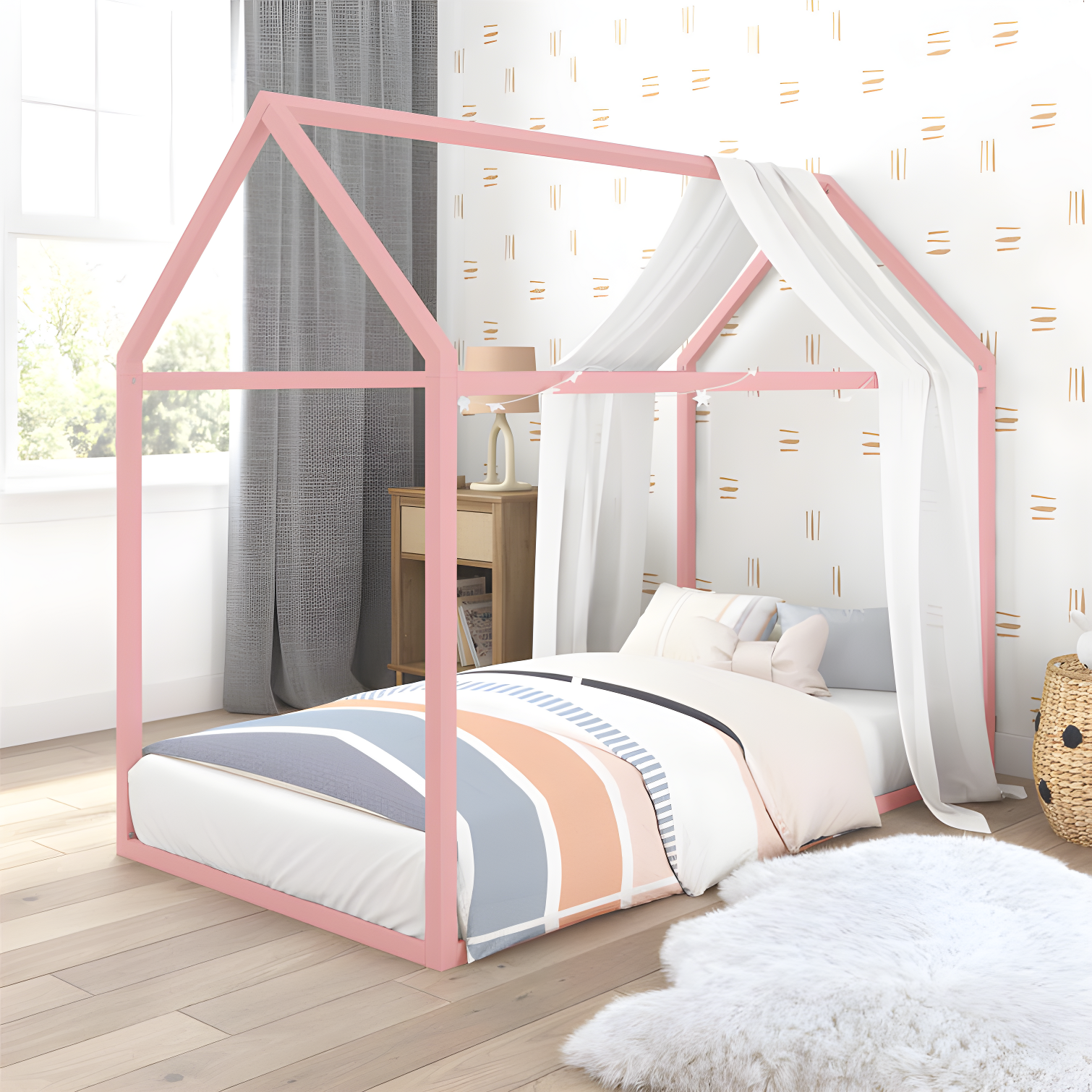 Blush Metal Twin Montessori House Bed with Canopy and Drawer