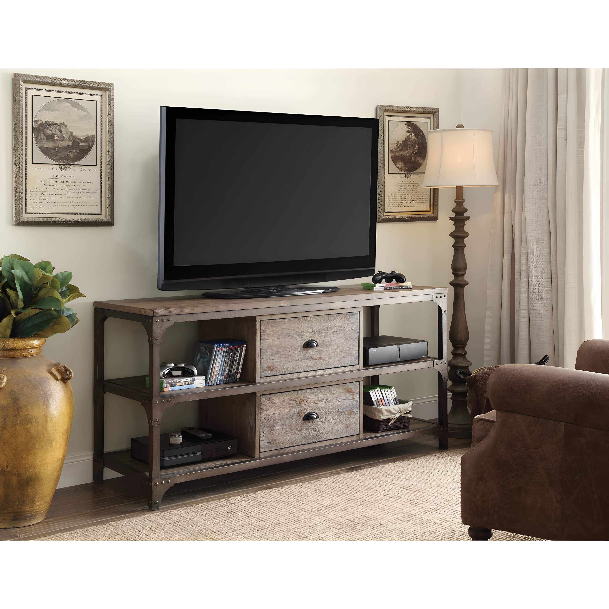 Weathered Oak and Bronze Rustic Media Console with Cabinet