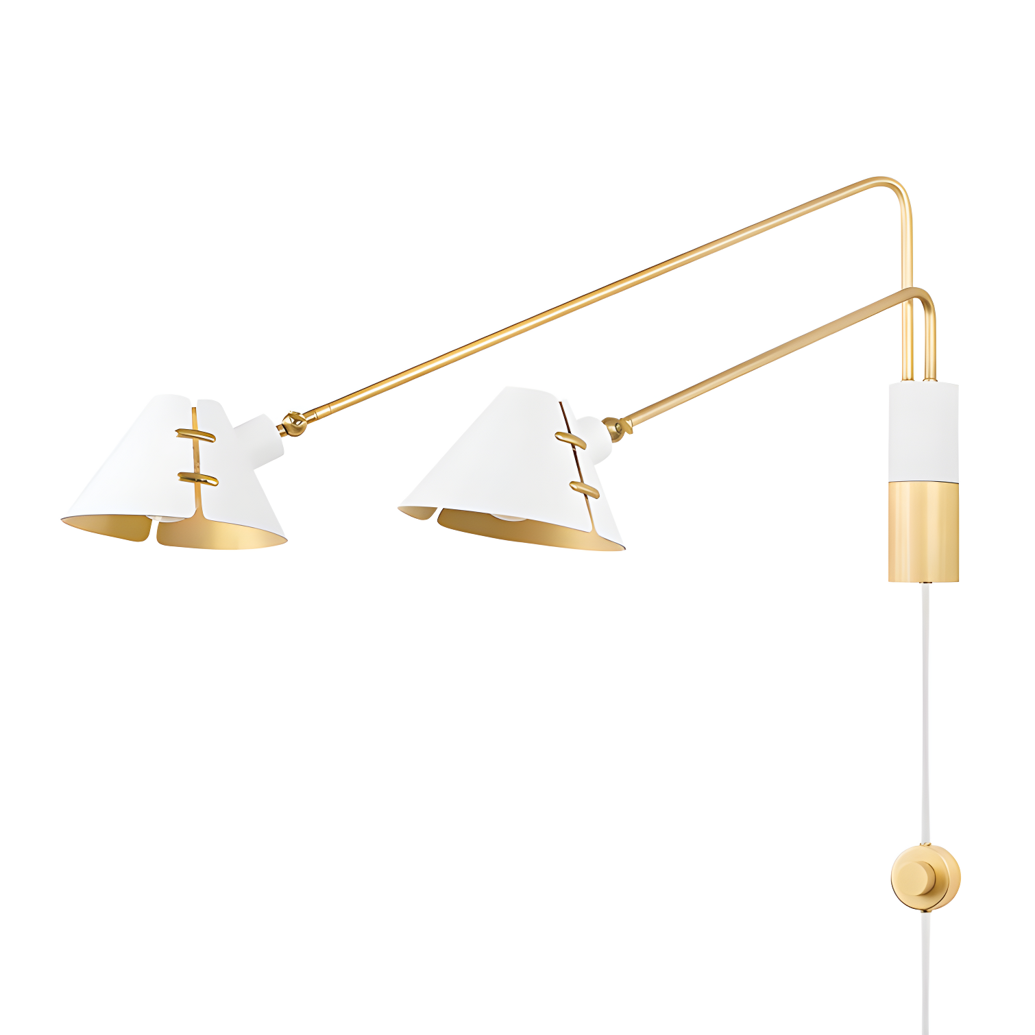 Aged Brass and White Dual Arm Plug-In Sconce