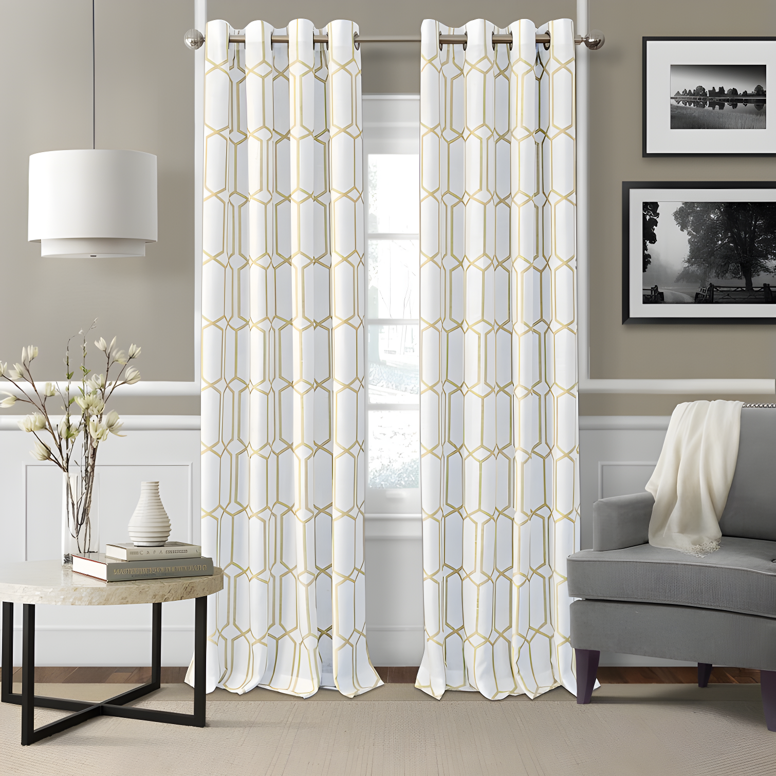 Golden Yellow Geometric Room Darkening Grommet Drapes