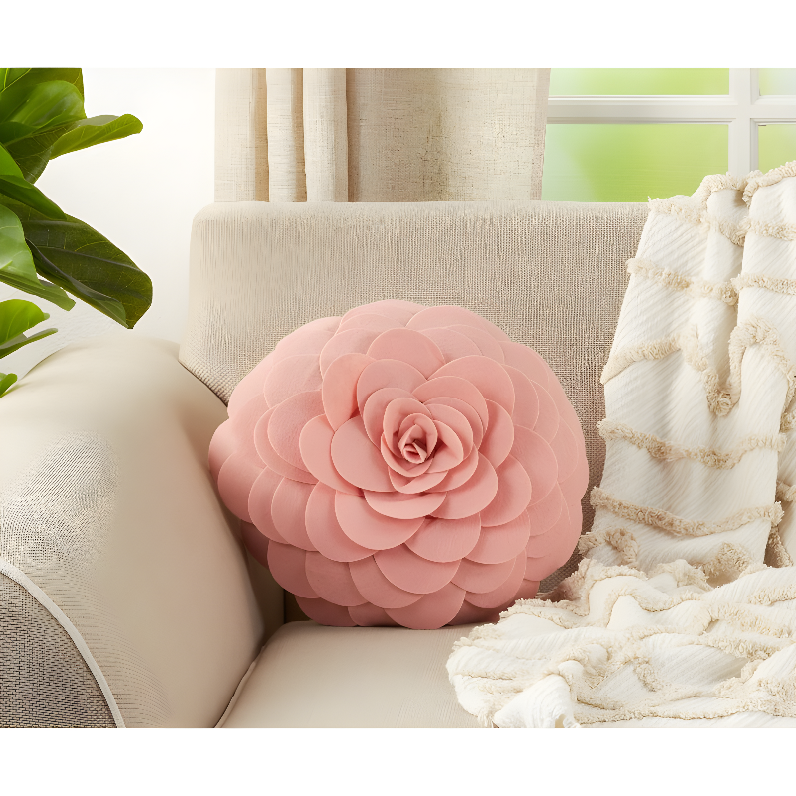 16" Rose Flower Design Round Polyester Throw Pillow