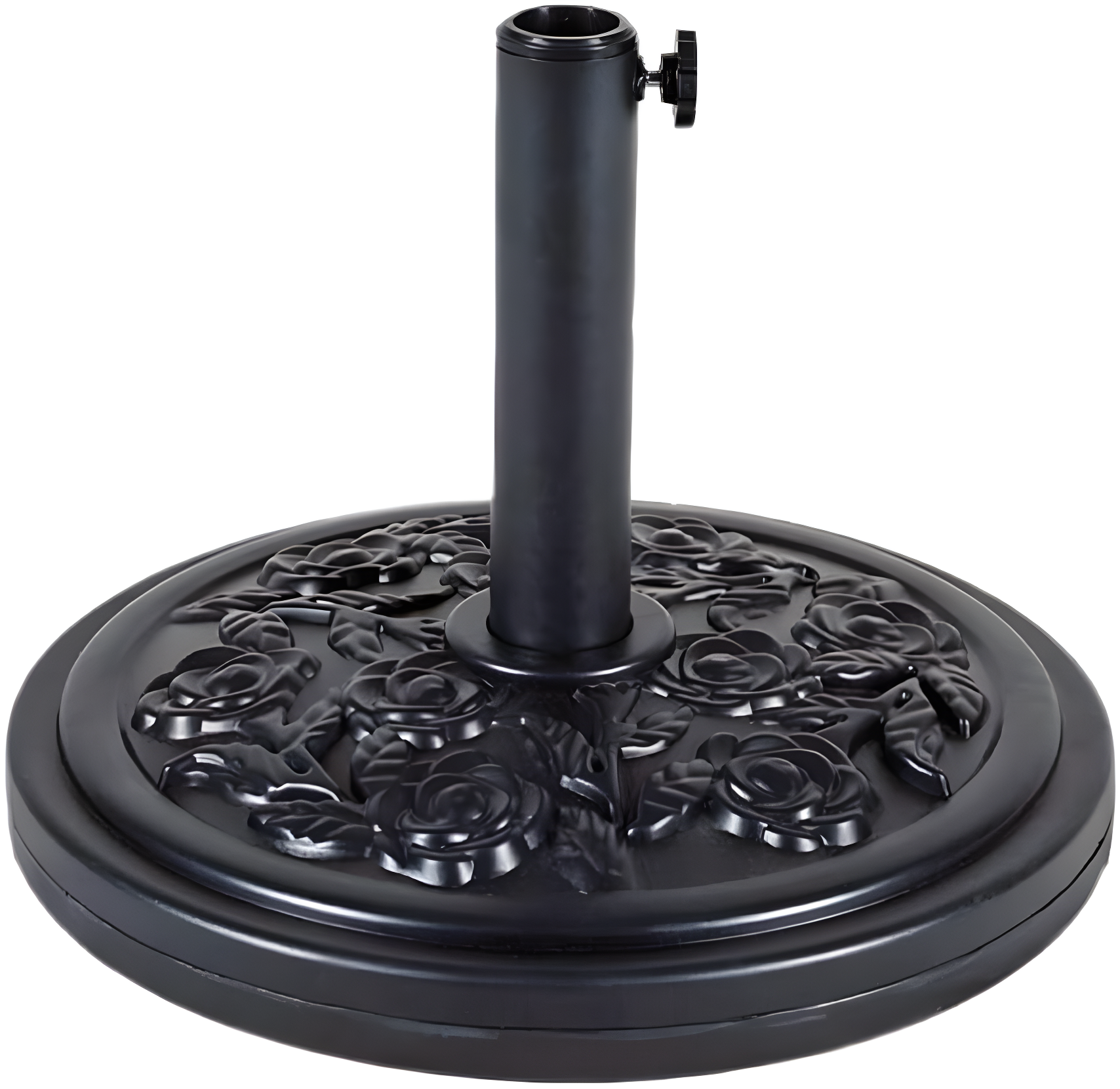 Black Round Concrete Market Umbrella Base with Floral Design