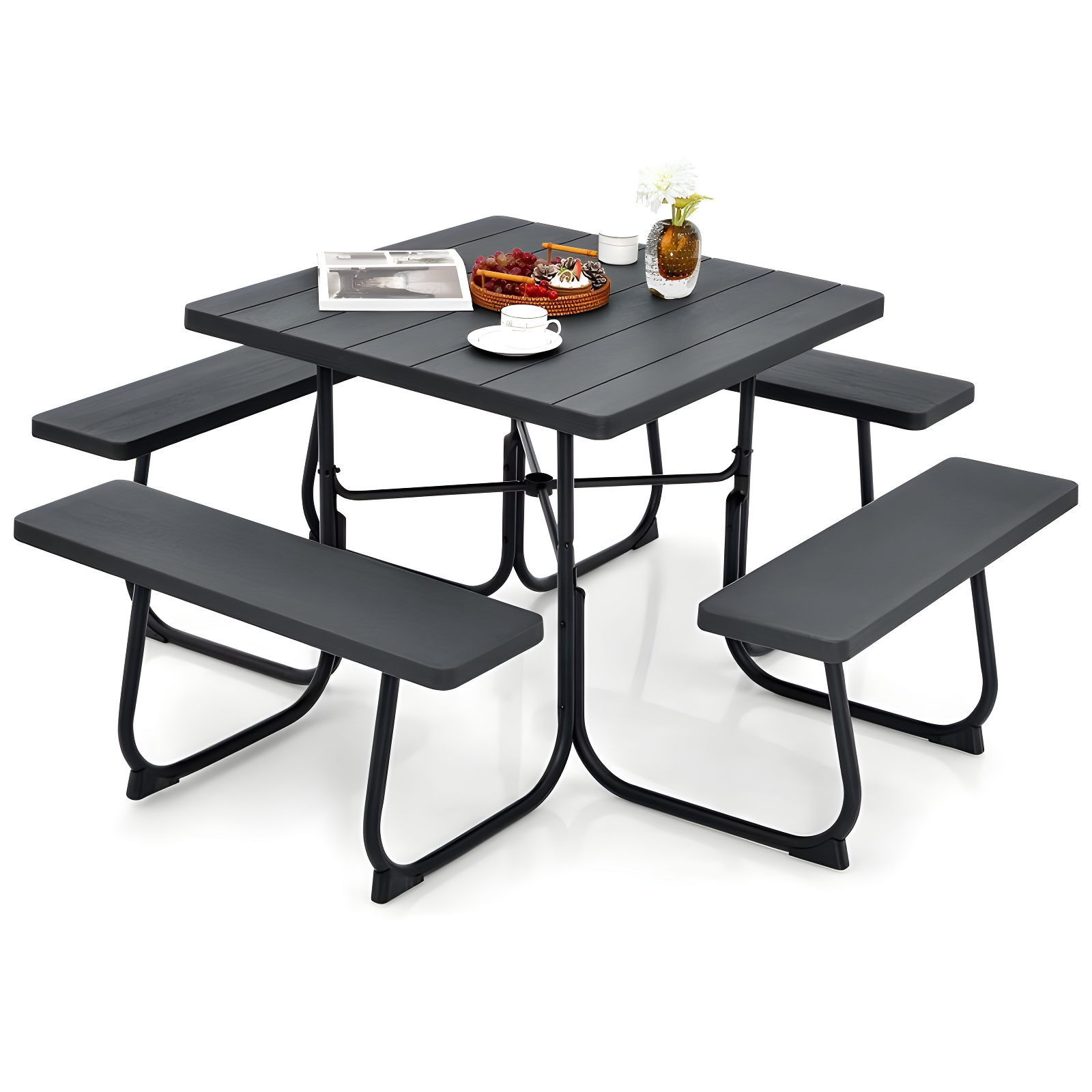 Black HDPE Outdoor Square Picnic Table with 4 Benches and Umbrella Hole