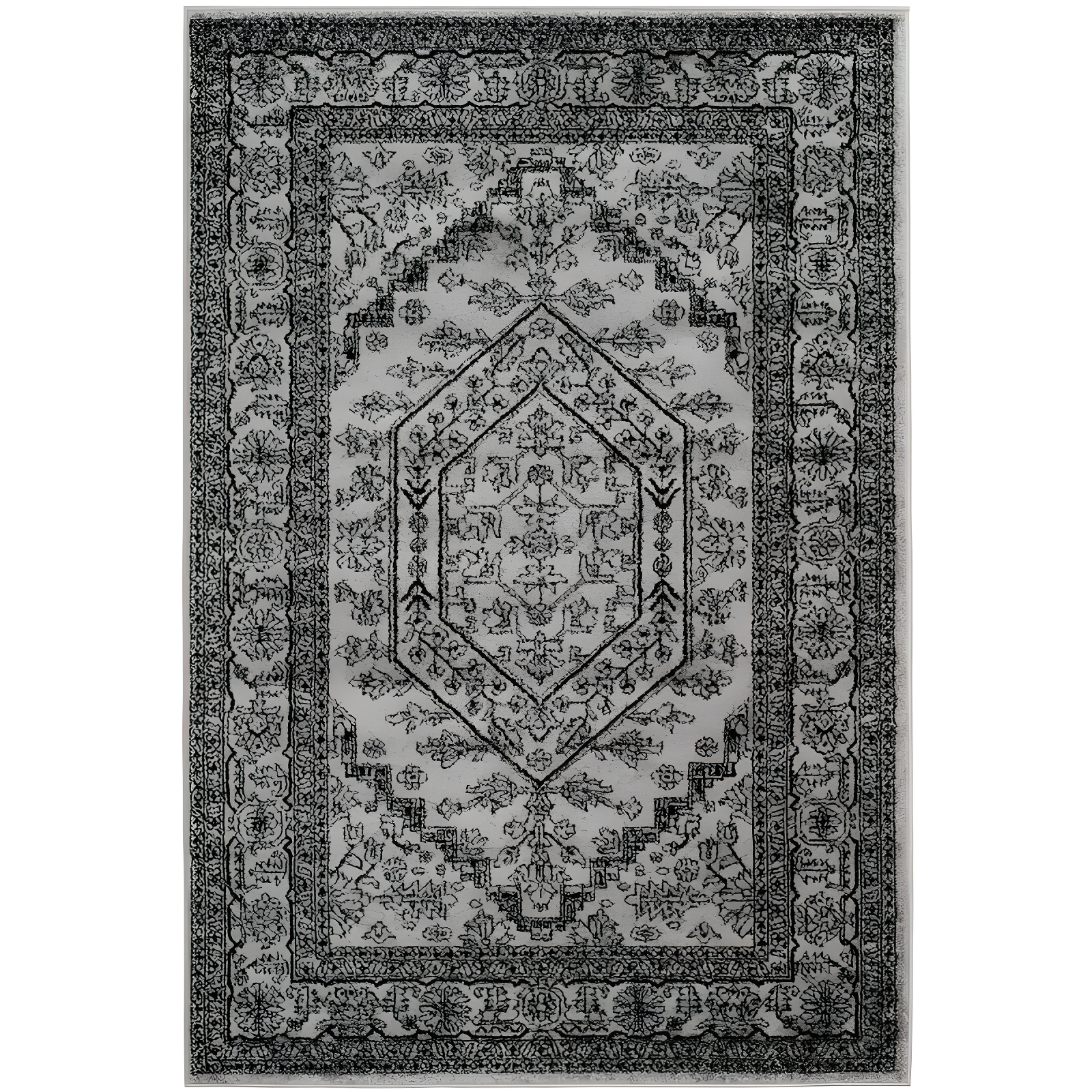 Elegant Silver & Black Medallion 6' x 9' Synthetic Area Rug