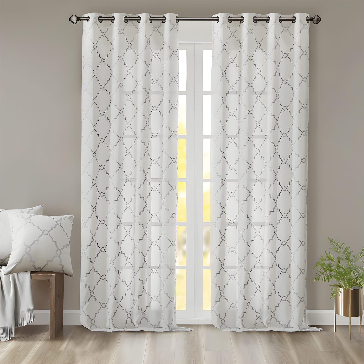 Ivory and Silver Light-Filtering Grommet Cotton-Blend Drapes