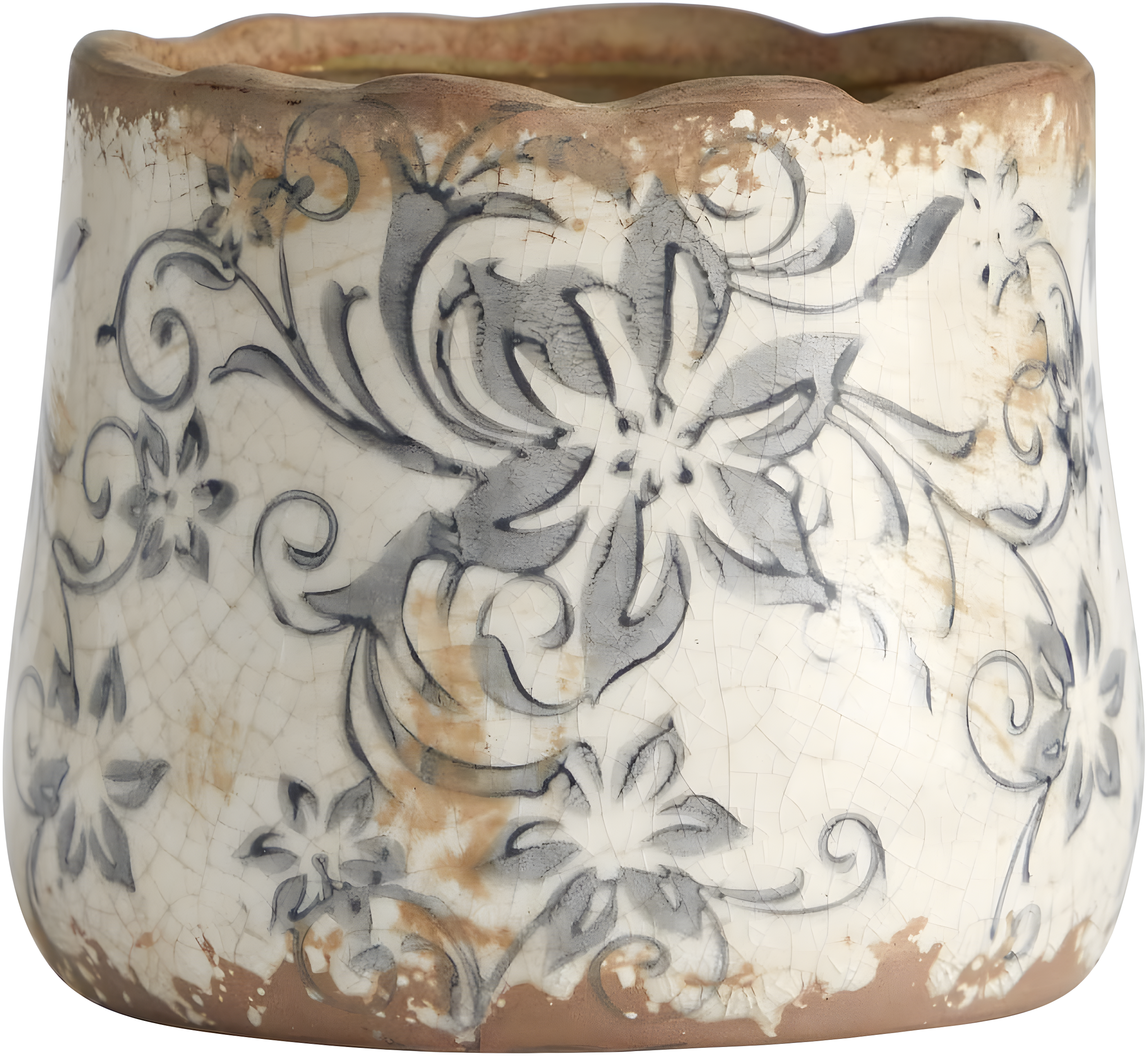 Tuscan Aged Finish Ceramic Floral Scroll Planter, 4.5"