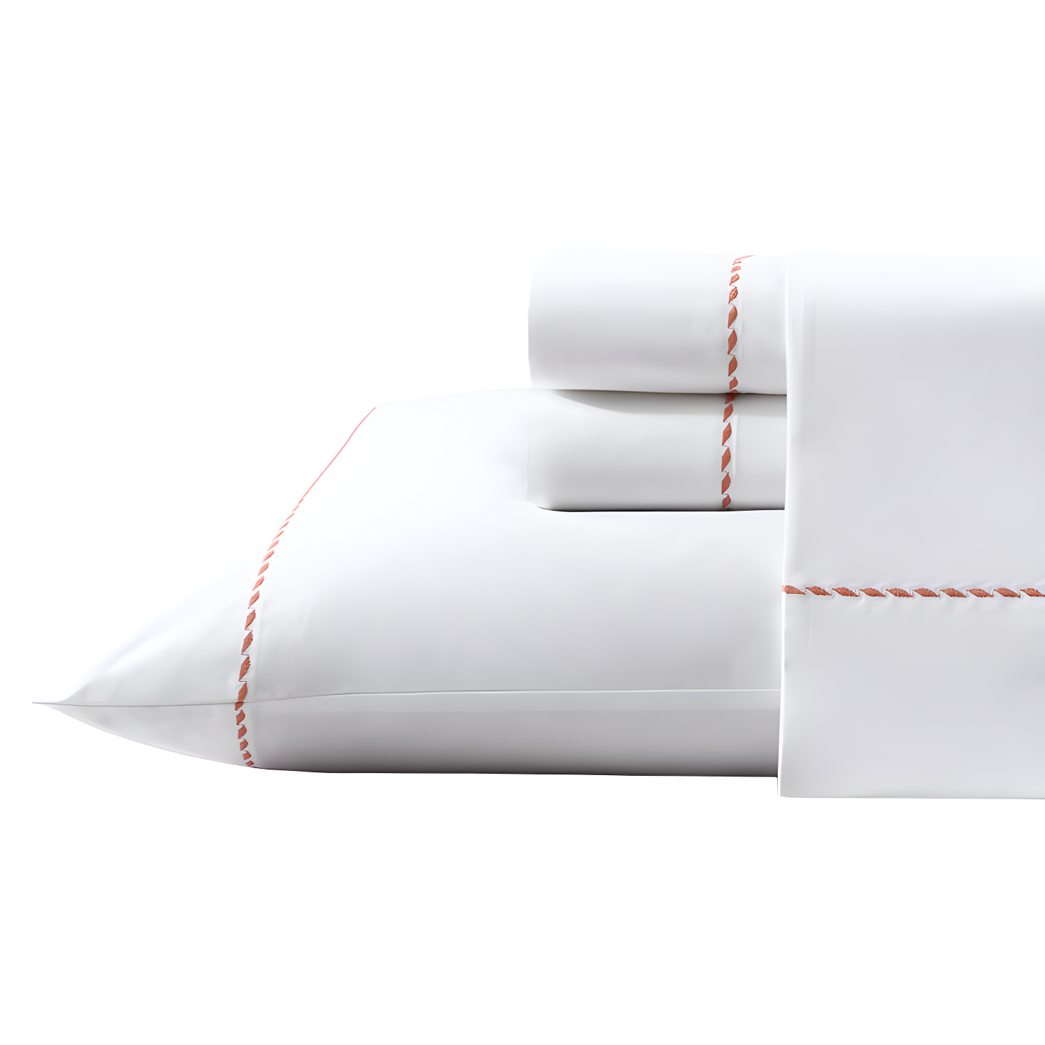 Queen White Cotton Percale Sheet Set with Orange Embroidery