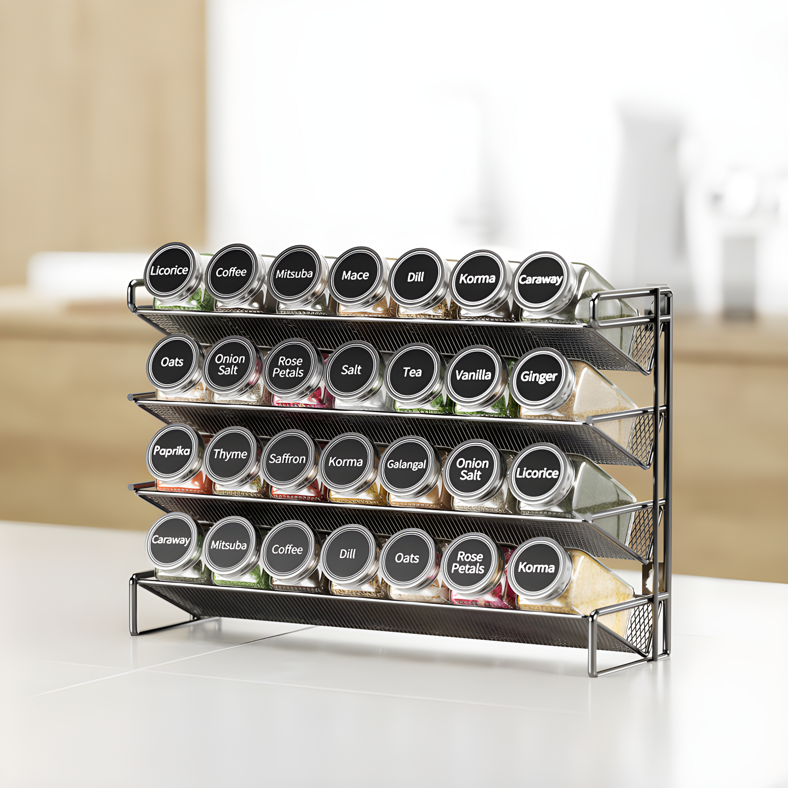 Black 4-Tier Steel Spice Rack with 28 Glass Jars