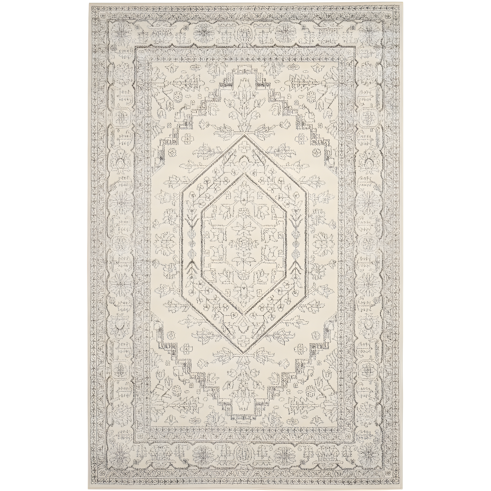 Elegant Ivory & Silver Medallion 6' x 9' Easy-Care Area Rug