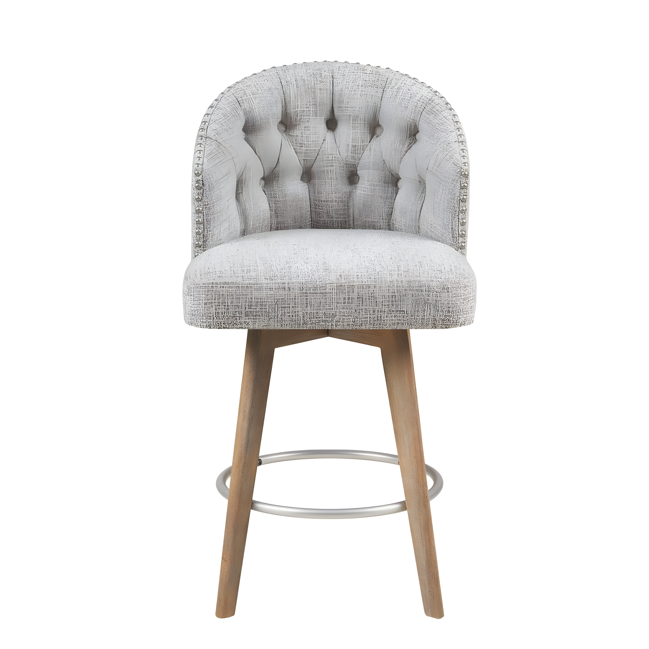 Gray Button Tufted Swivel Counter Stool with Wood Legs